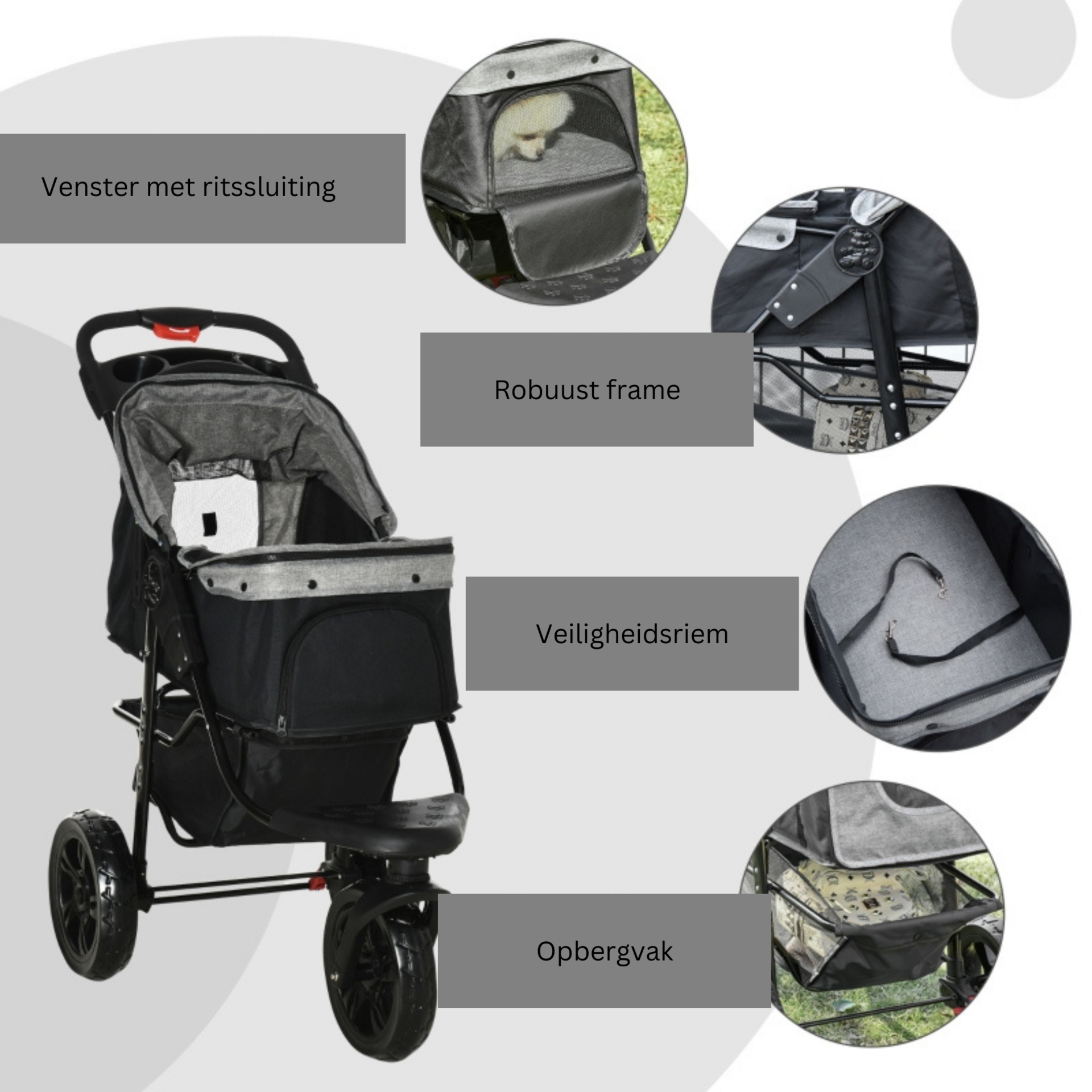 Opvouwbare hondenbuggy met verstelbare kap en opbergruimte – grijs/zwart – 110×58×107 cm | Zenzee