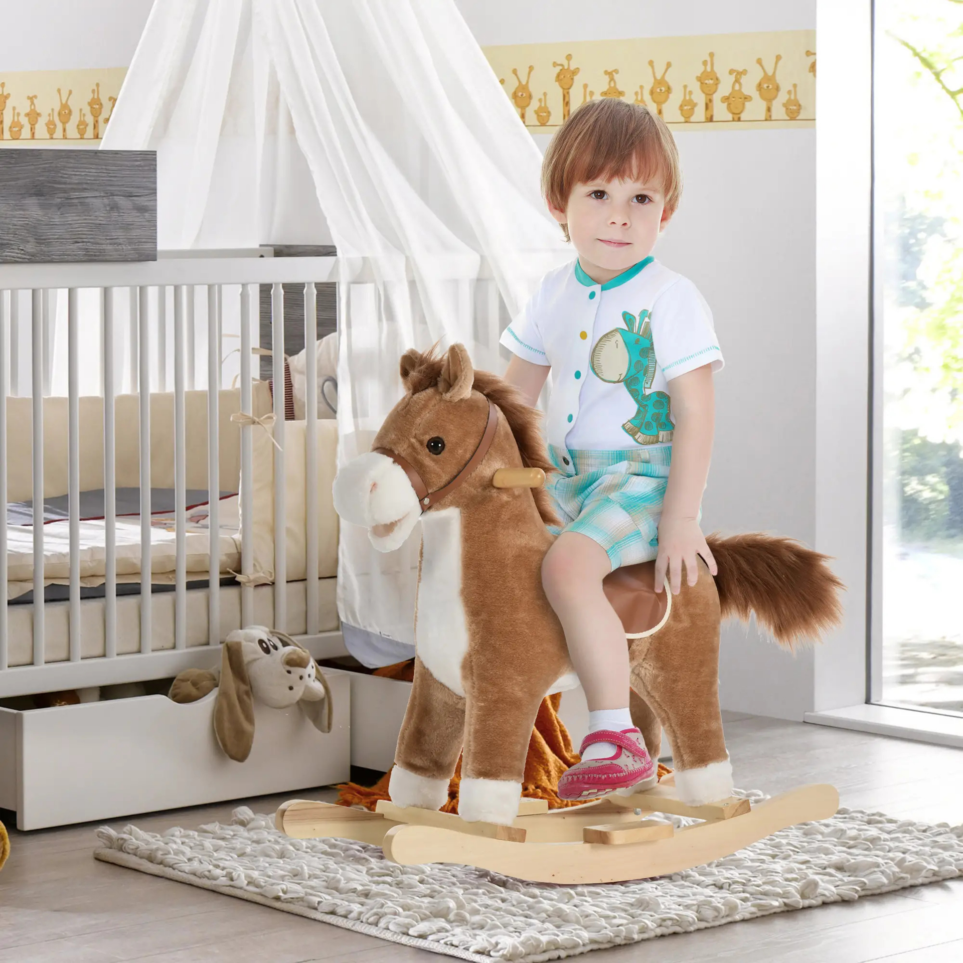 Schommelpaard voor kinderen veilig en stevig - wit/roze - 65x33x62 cm