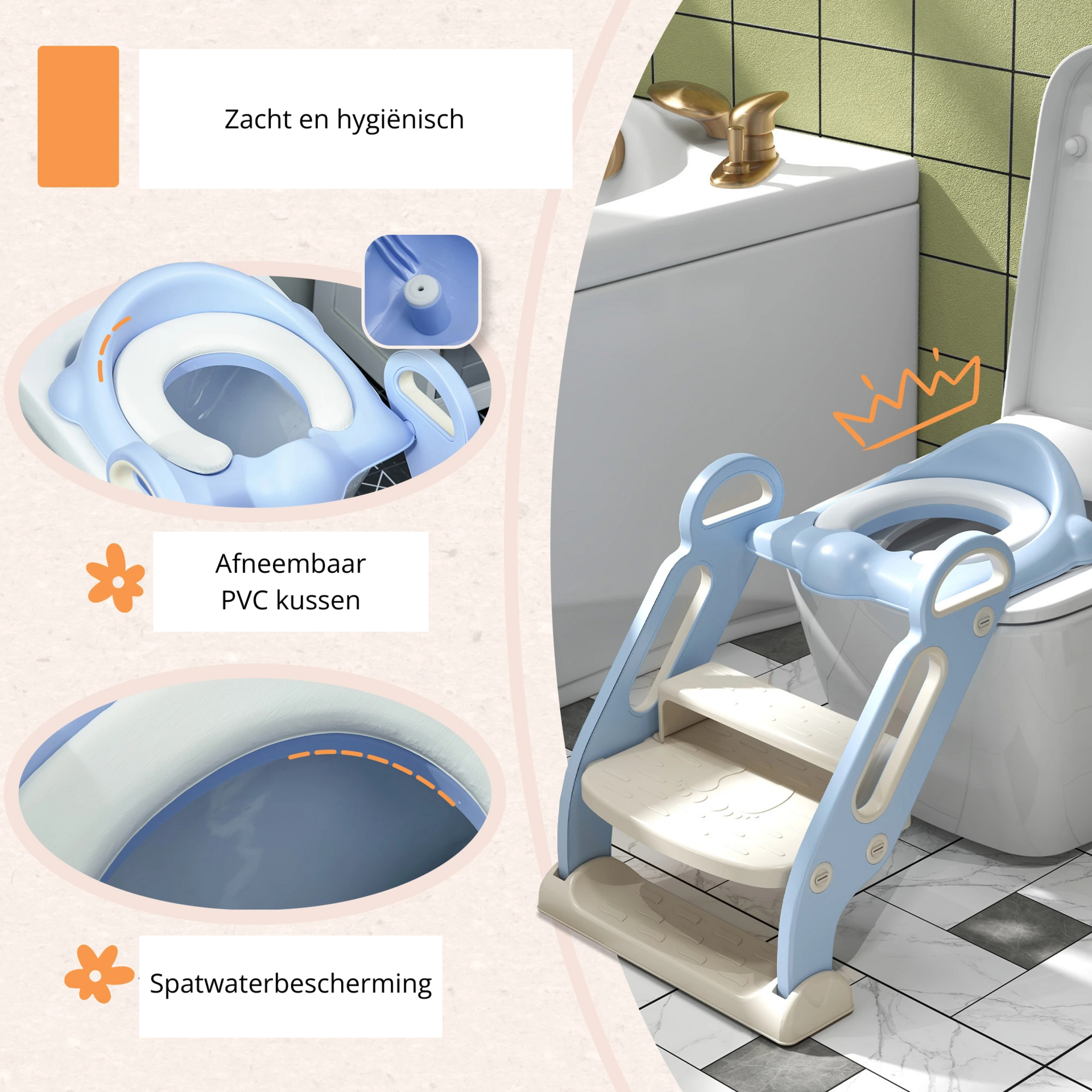 Blauwe wc-verkleiner met trapje en antislip – 62x36,5x28 cm voor peuters van 1–3 jaar