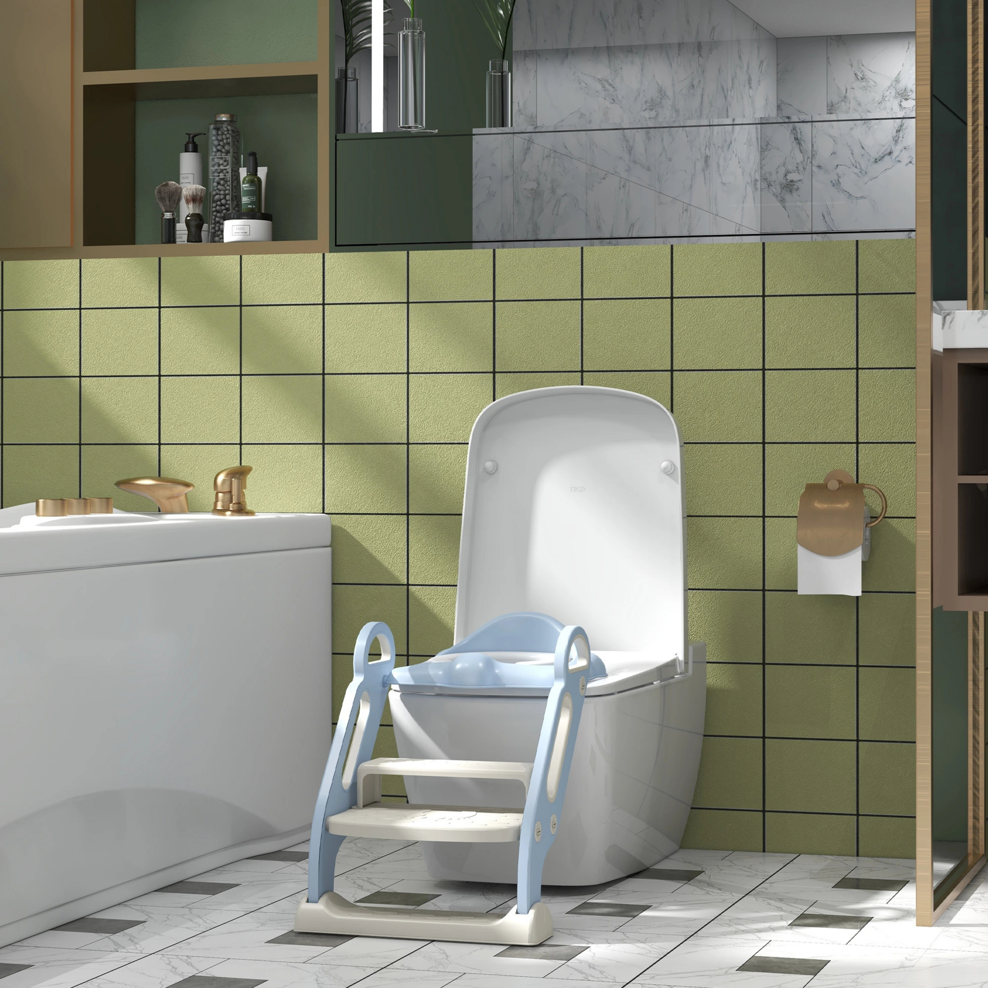 Blauwe wc-verkleiner met trapje en antislip – 62x36,5x28 cm voor peuters van 1–3 jaar