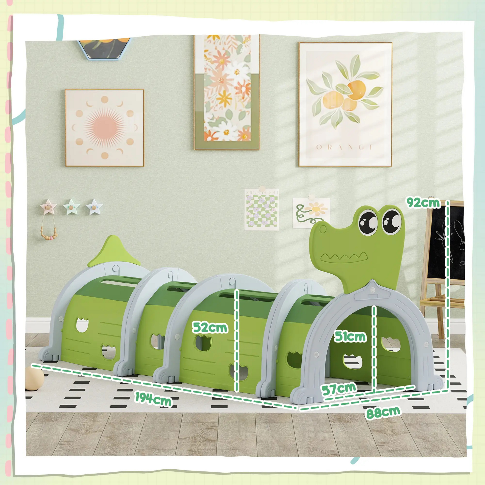 Krokodil kruiptunnel groen – 194x88x92 cm van kunststof voor kinderen van 3–6 jaar