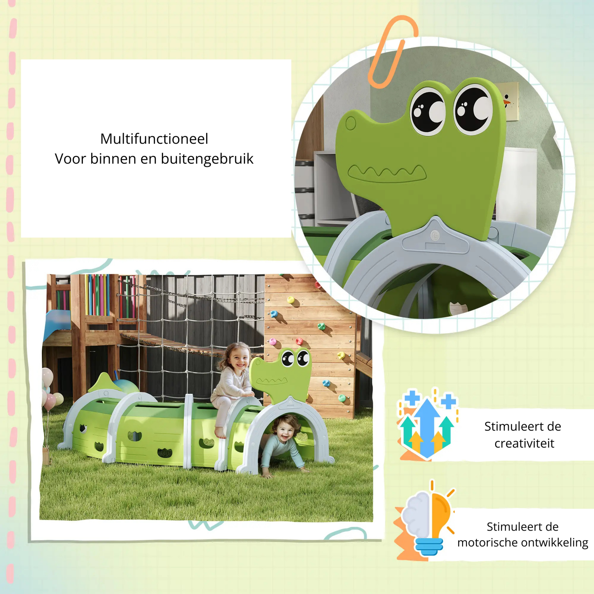 Krokodil kruiptunnel groen – 194x88x92 cm van kunststof voor kinderen van 3–6 jaar