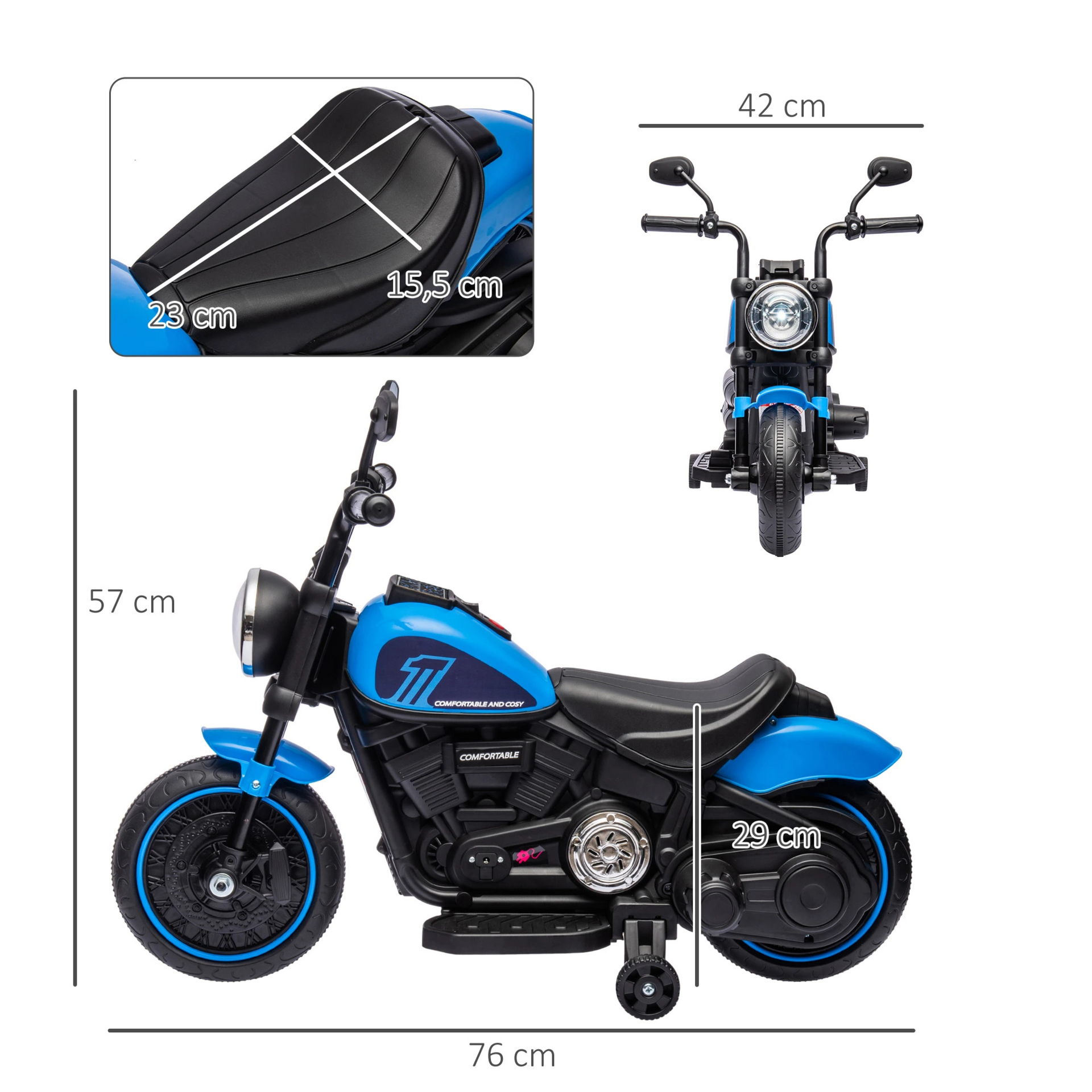 Elektrische kindermotor blauw/zwart met trainingswielen en koplamp – 76x42x57 cm voor kinderen van 18–36 maanden