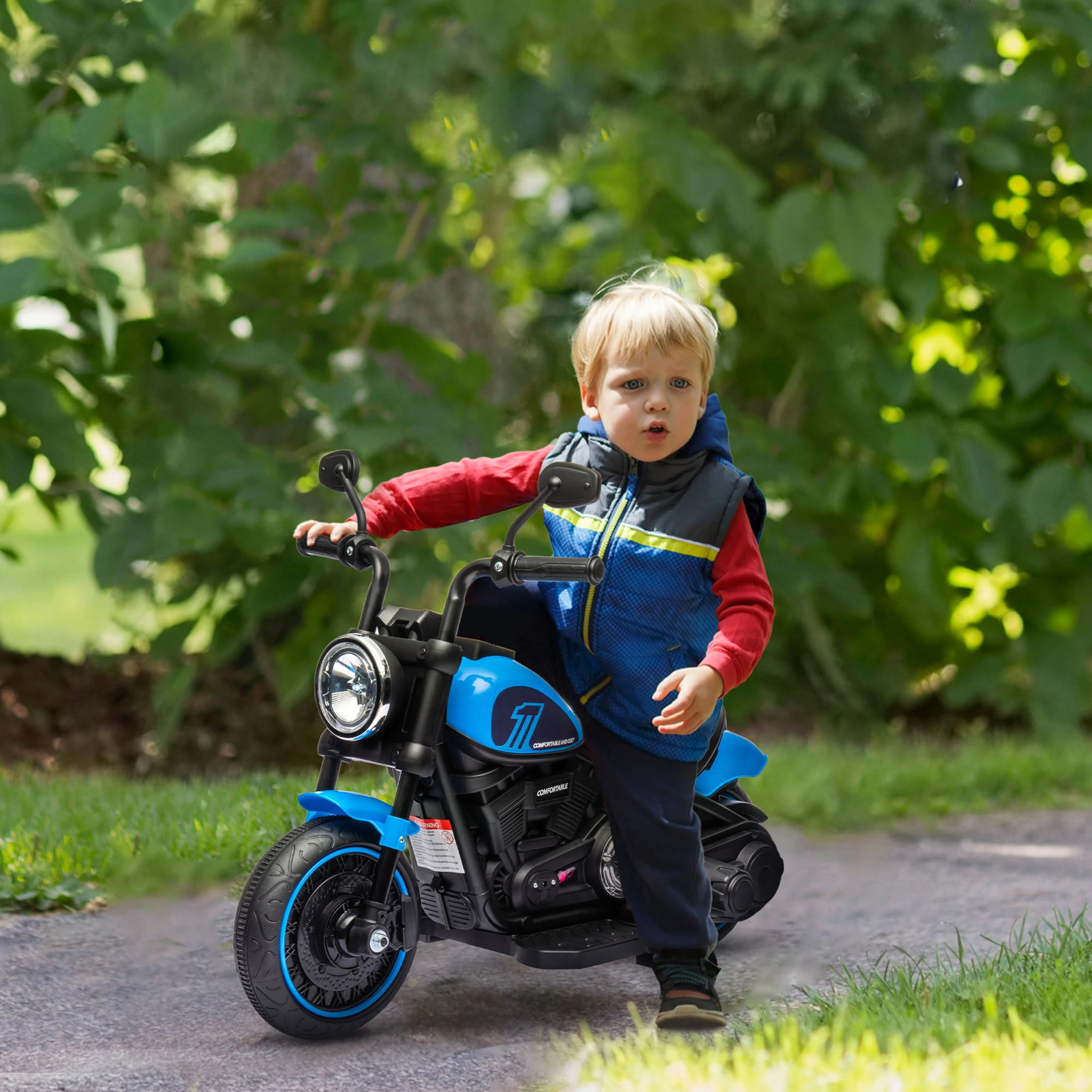 Elektrische kindermotor blauw/zwart met trainingswielen en koplamp – 76x42x57 cm voor kinderen van 18–36 maanden