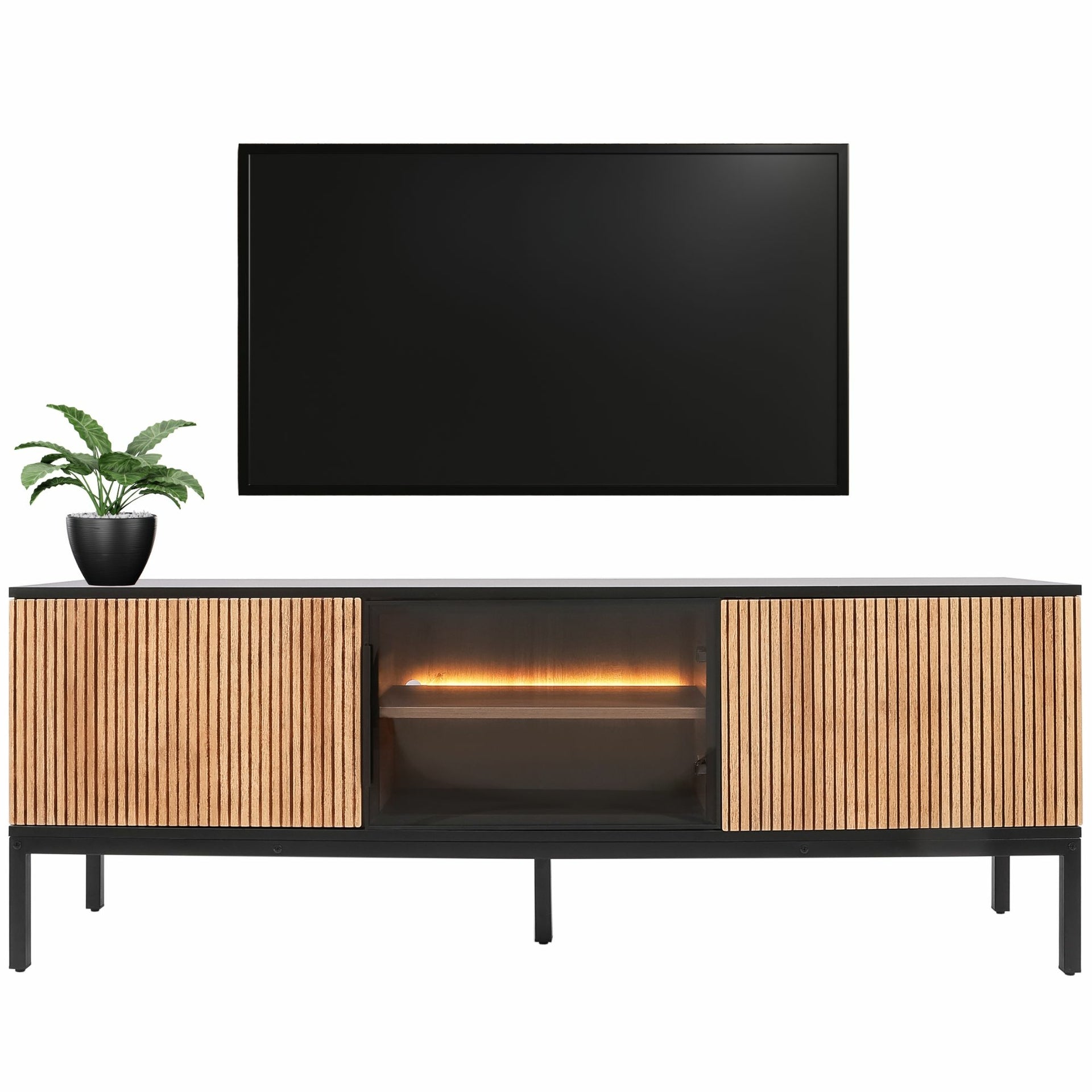 Zenzee Thora tv-meubel met LED-verlichting – 3-deurs in natuur/zwart, 154x39x56 cm