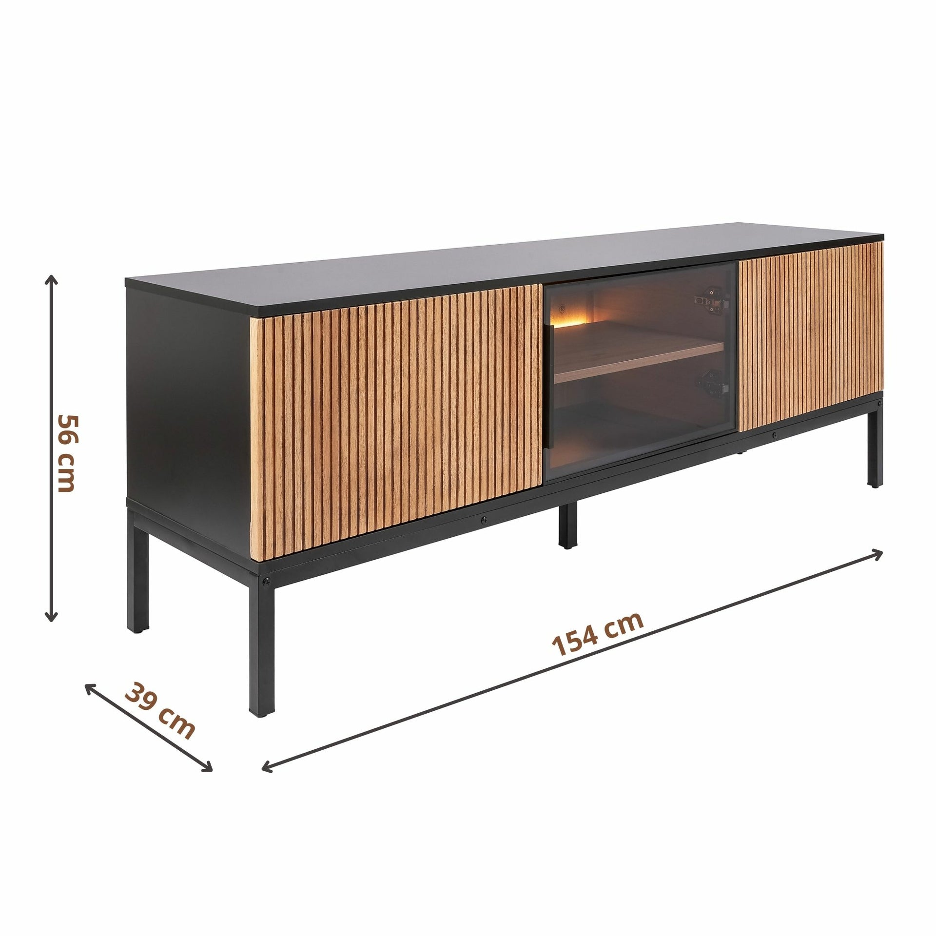 Zenzee Thora tv-meubel met LED-verlichting – 3-deurs in natuur/zwart, 154x39x56 cm