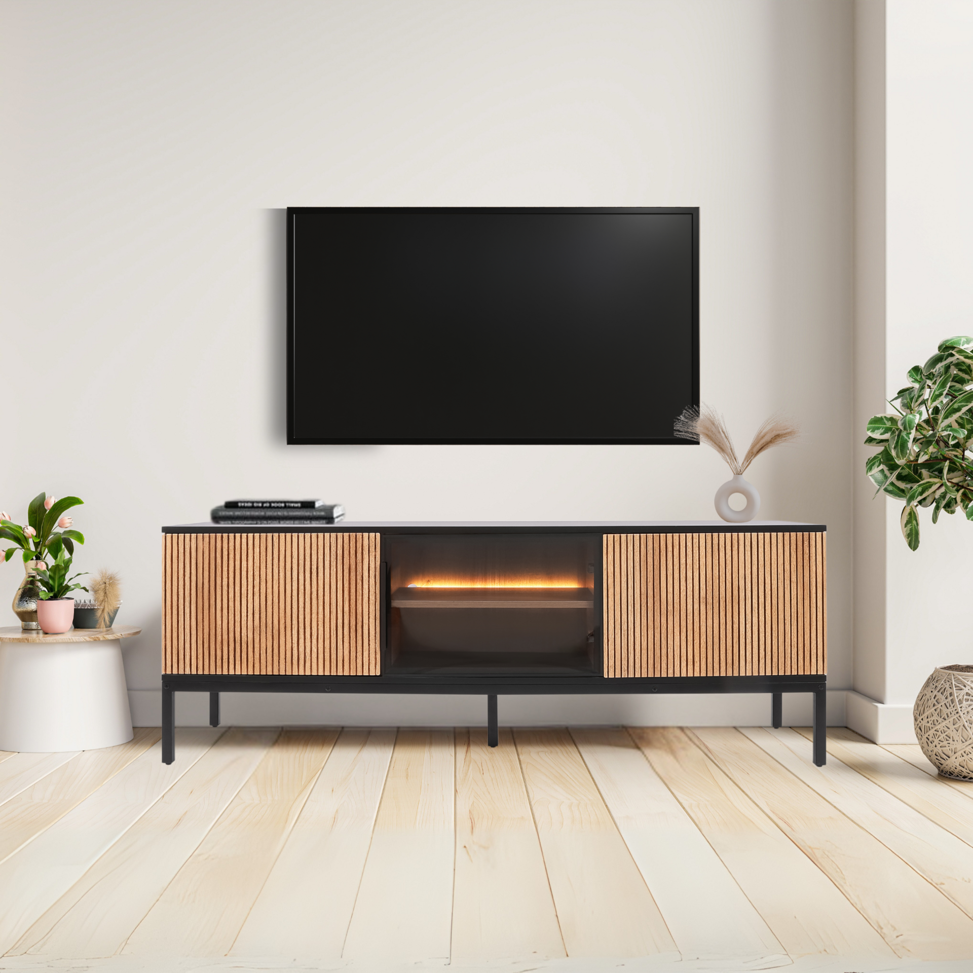 Zenzee Thora tv-meubel met LED-verlichting – 3-deurs in natuur/zwart, 154x39x56 cm