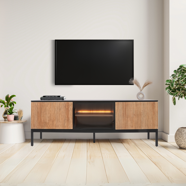 Zenzee Thora tv-meubel met LED-verlichting – 3-deurs in natuur/zwart, 154x39x56 cm