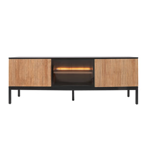 Zenzee Thora tv-meubel met LED-verlichting – 3-deurs in natuur zwart, strak design met warme verlichting en verticale lijnen.