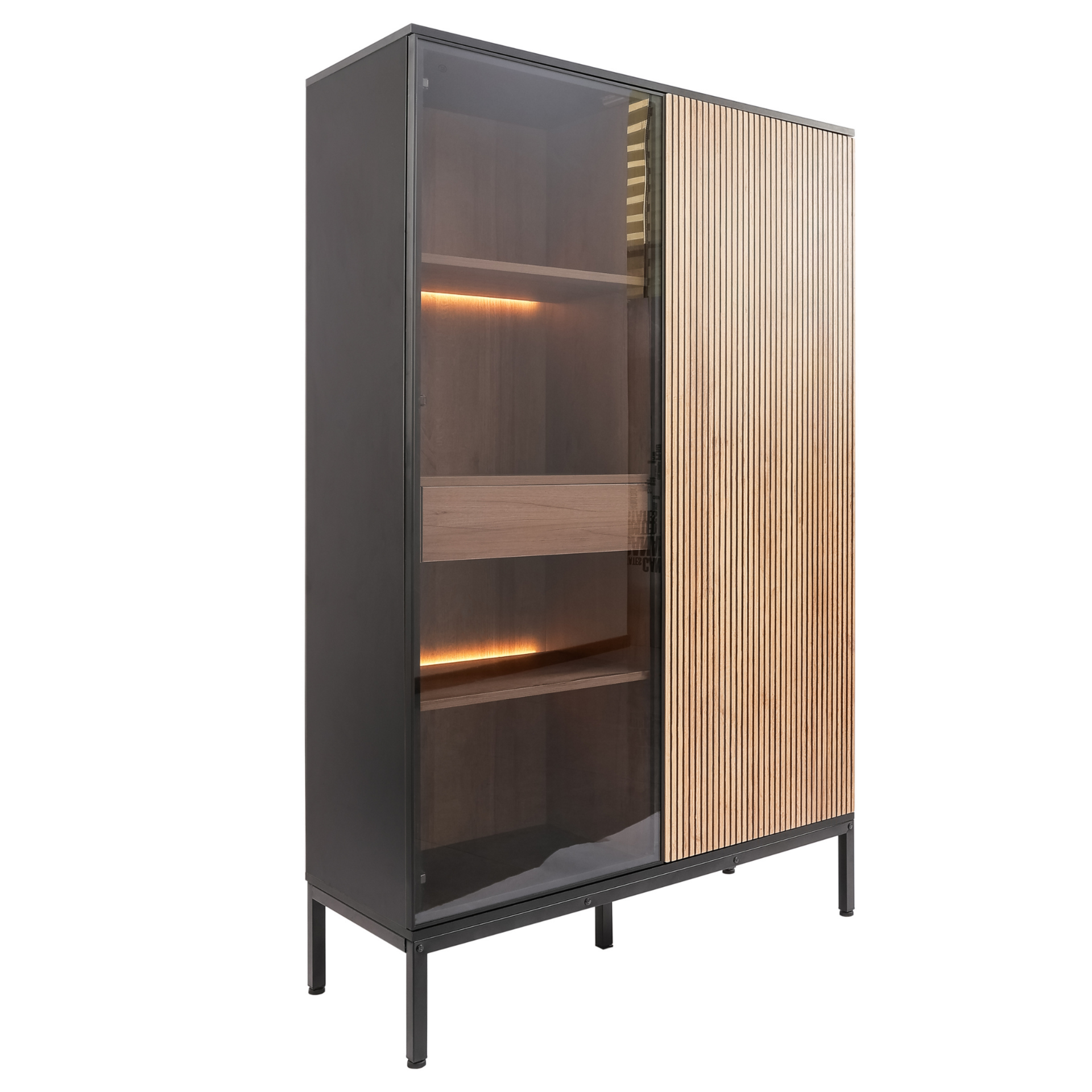 Vitrinekast Zenzee Thora met LED-verlichting – 2-deurs in natuur/zwart, 103x39x166 cm