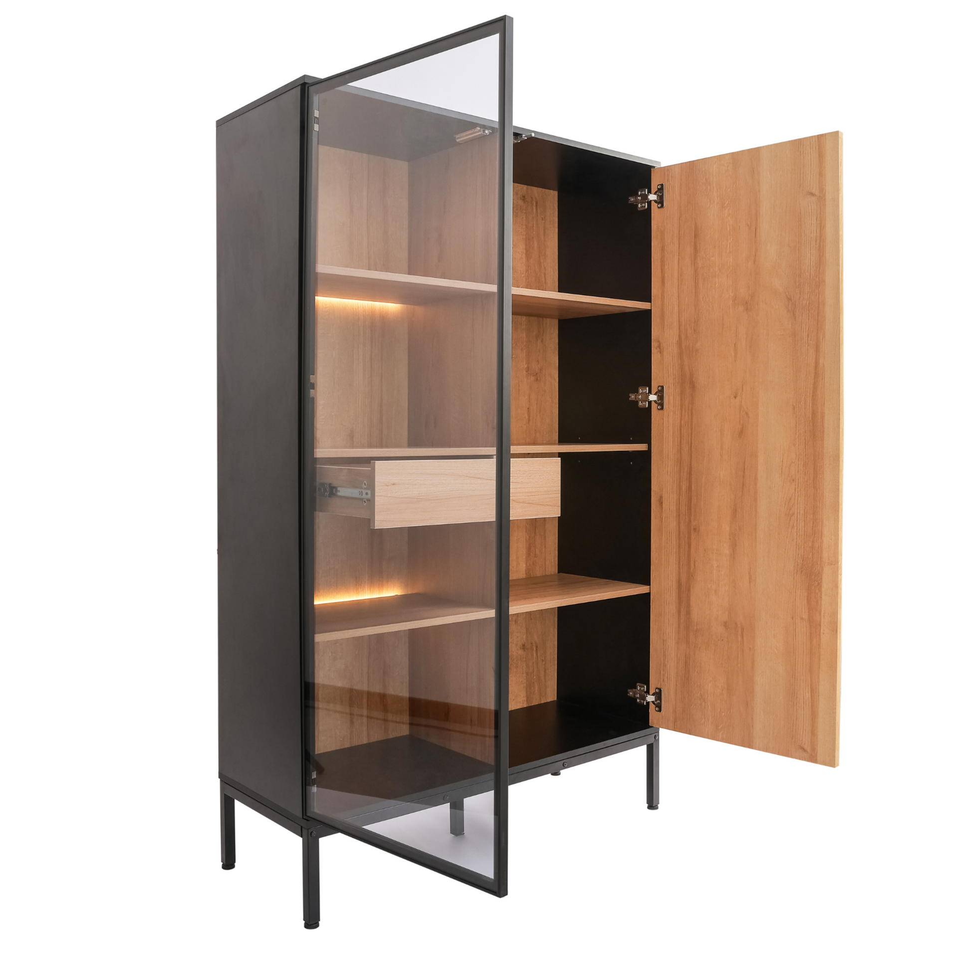 Vitrinekast Zenzee Thora met LED-verlichting – 2-deurs in natuur/zwart, 103x39x166 cm