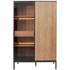 Vitrinekast Zenzee Thora met LED-verlichting – 2-deurs in natuur/zwart 103x39x166 cm met getint glas en houten deuren
