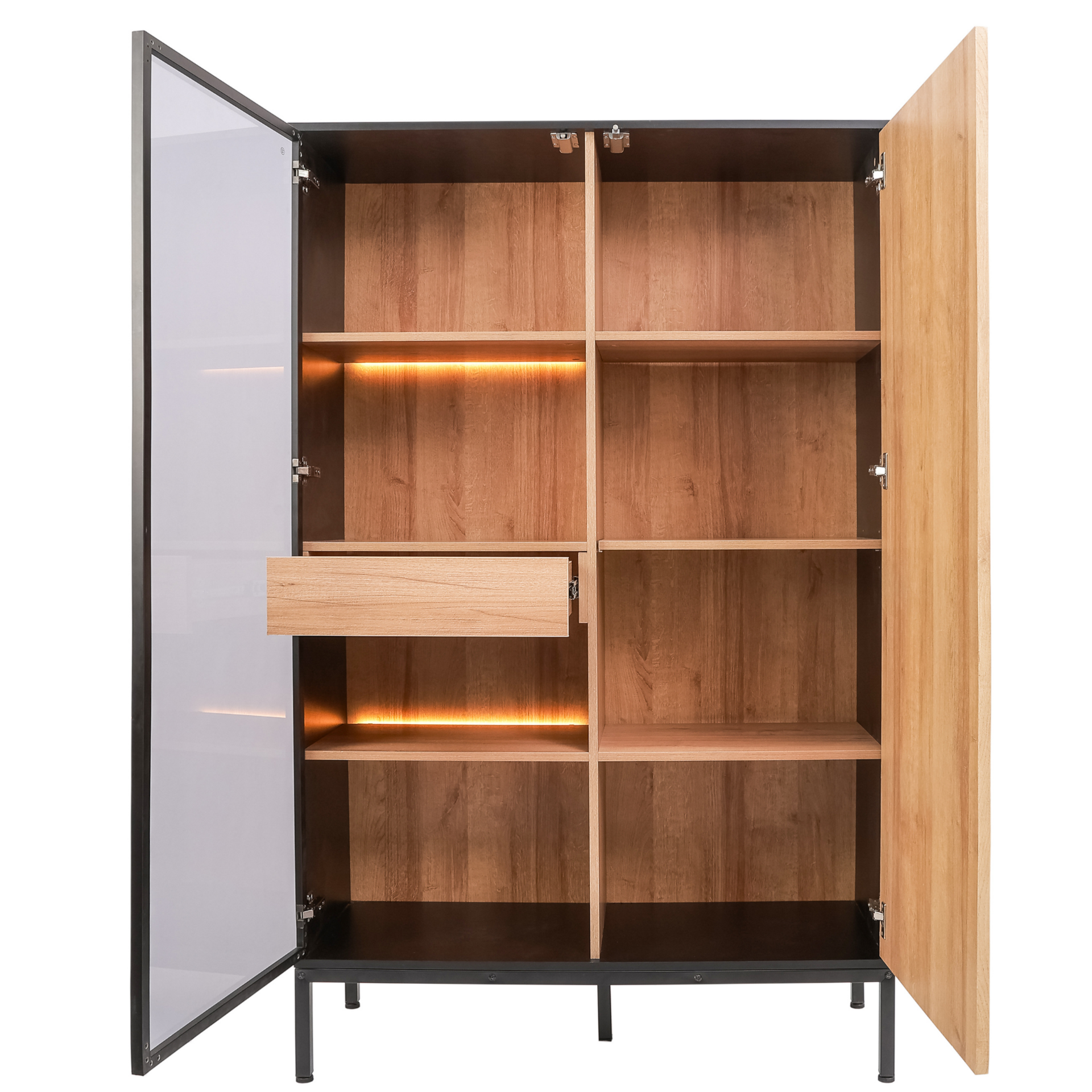 Vitrinekast Zenzee Thora met LED-verlichting – 2-deurs in natuur/zwart, 103x39x166 cm