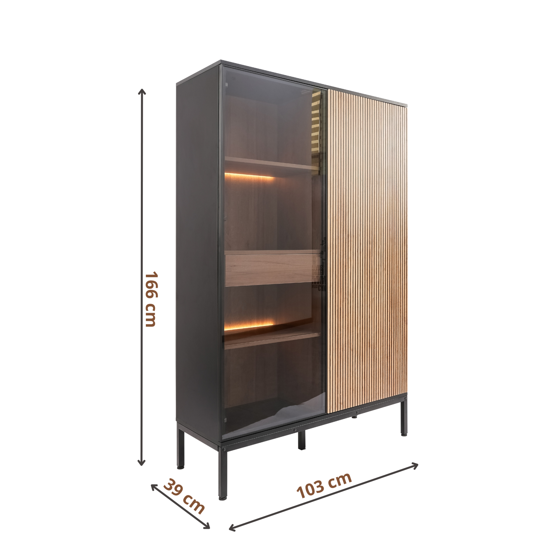 Vitrinekast Zenzee Thora met LED-verlichting – 2-deurs in natuur/zwart, 103x39x166 cm