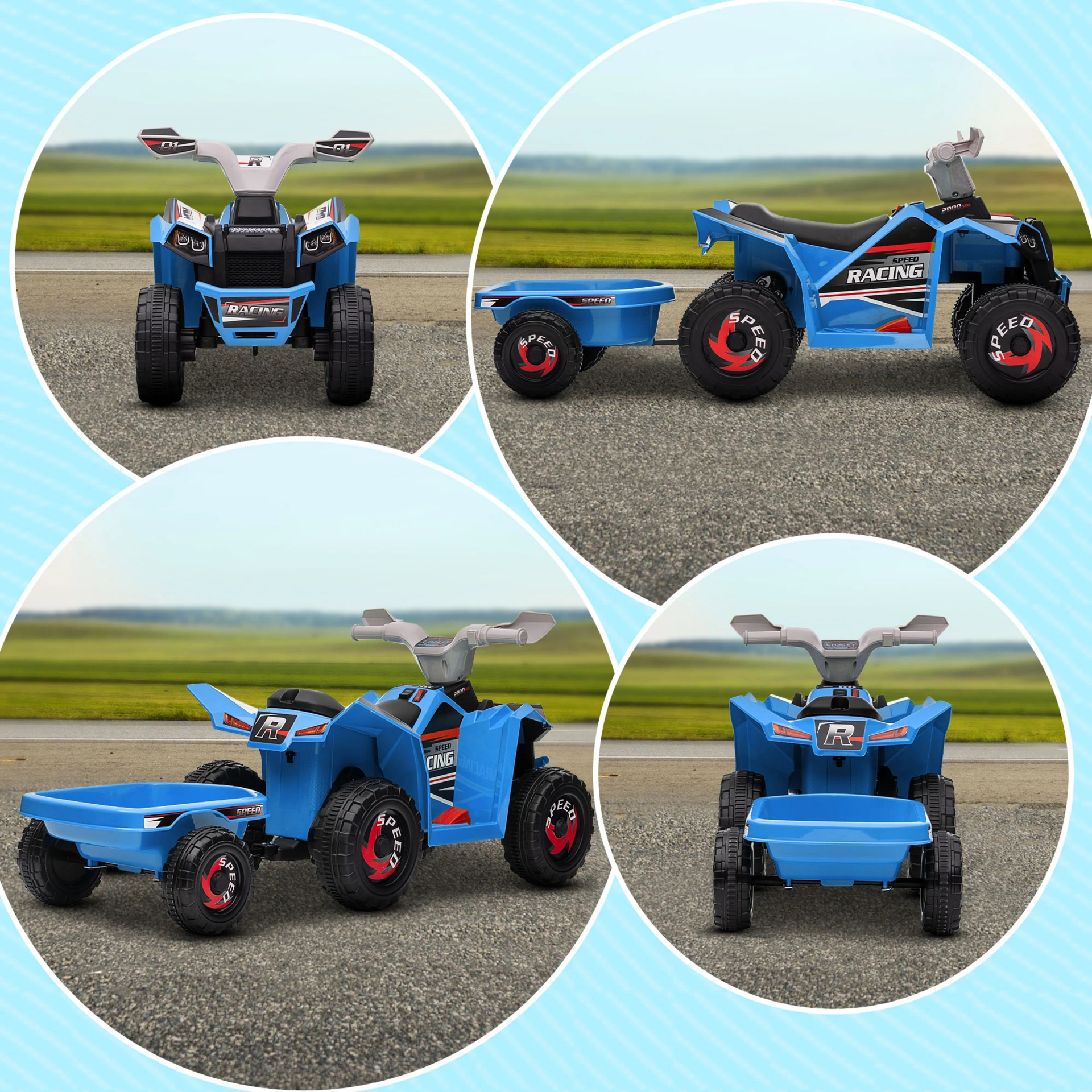 Blauwe loopauto quad met aanhanger, muziek en licht – 90 cm voor kinderen van 1–3 jaar
