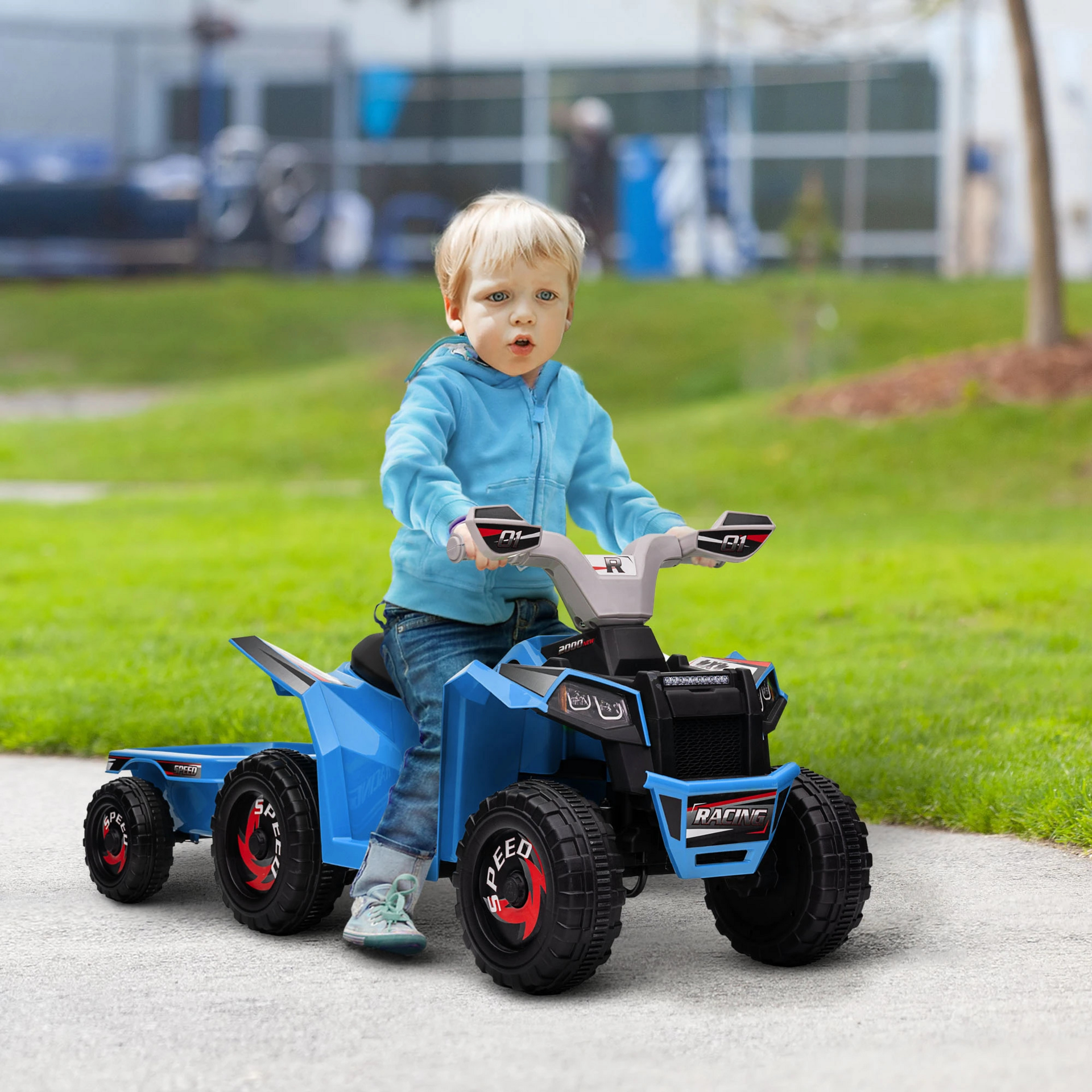 Blauwe loopauto quad met aanhanger, muziek en licht – 90 cm voor kinderen van 1–3 jaar