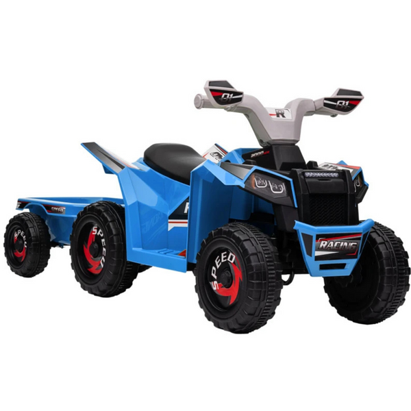 Blauwe loopauto quad met aanhanger, muziek en licht – 90 cm voor kinderen van 1–3 jaar