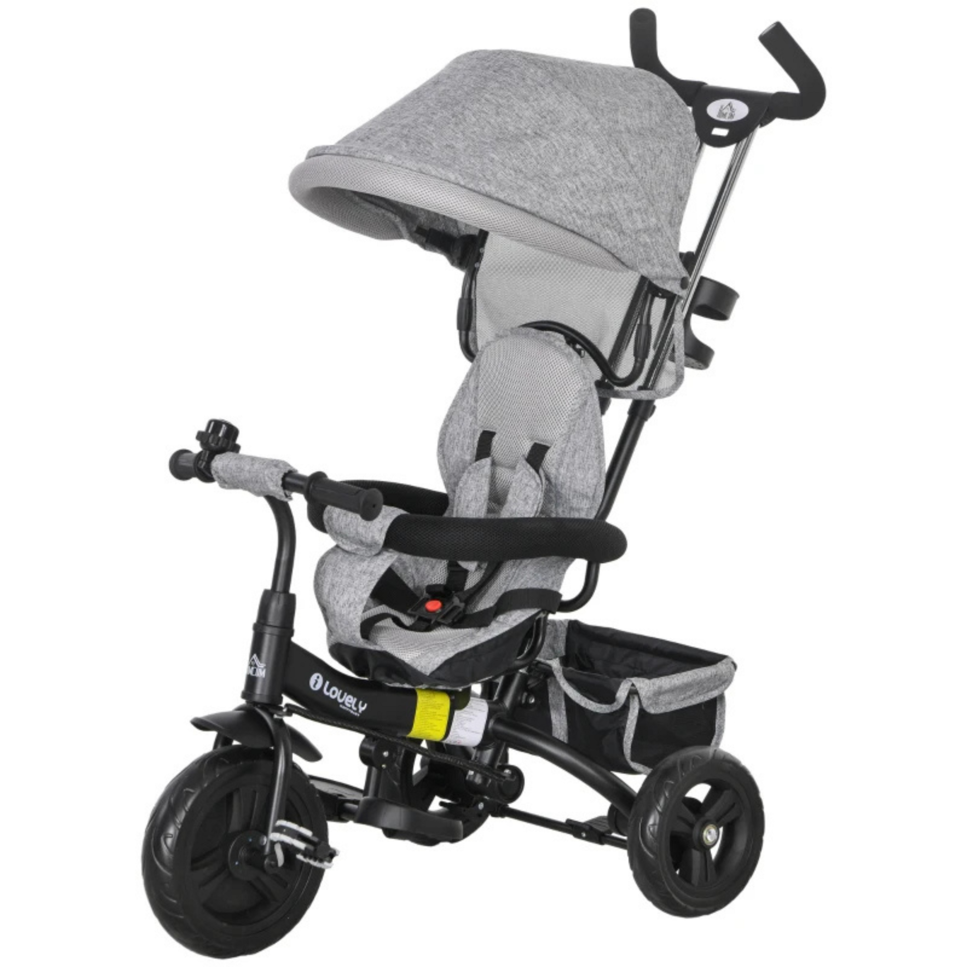Grijze 6-in-1 driewieler met duwstang, zonnedak en opbergmand – 95x50x106 cm voor kinderen van 1–5 jaar