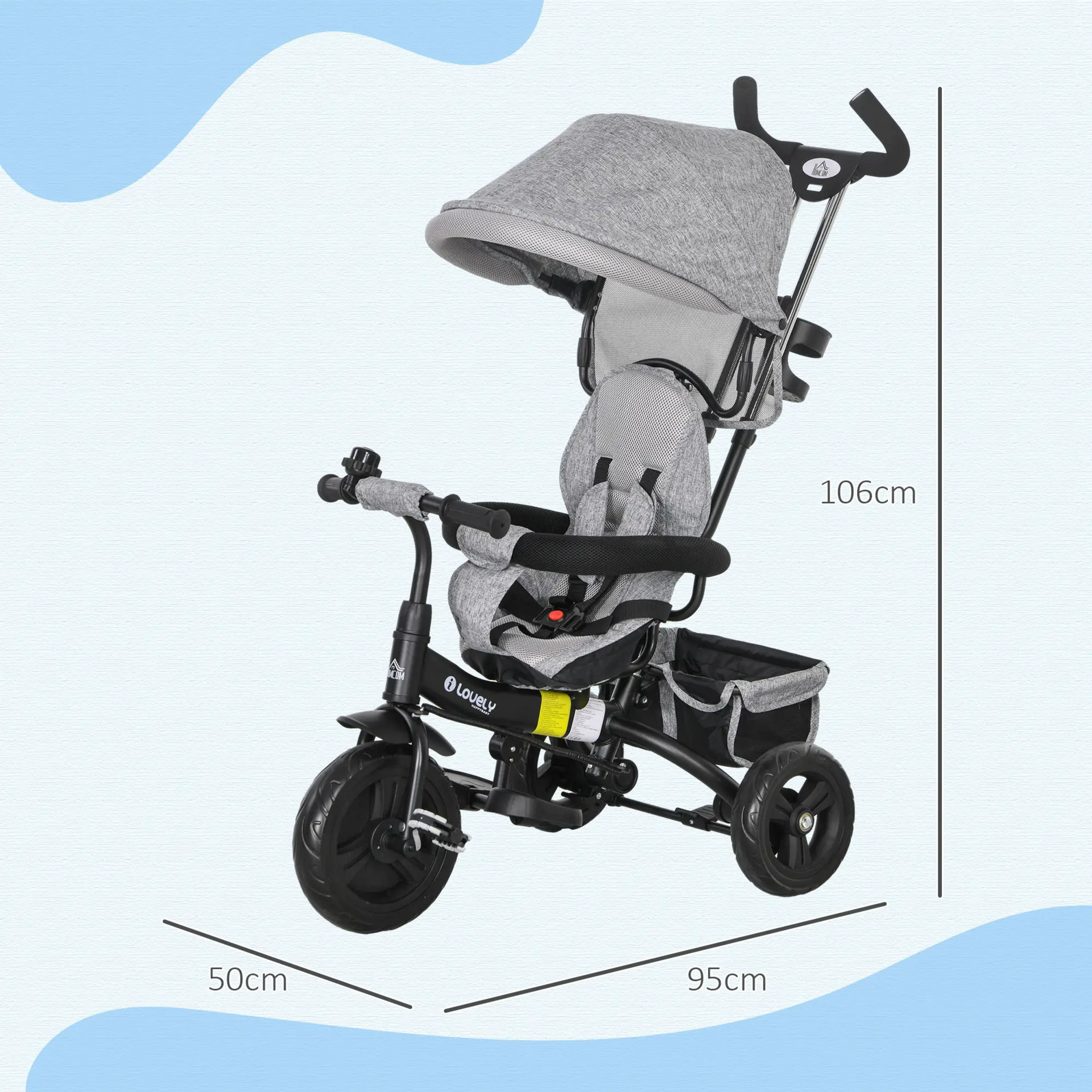 Grijze 6-in-1 driewieler met duwstang, zonnedak en opbergmand – 95x50x106 cm voor kinderen van 1–5 jaar