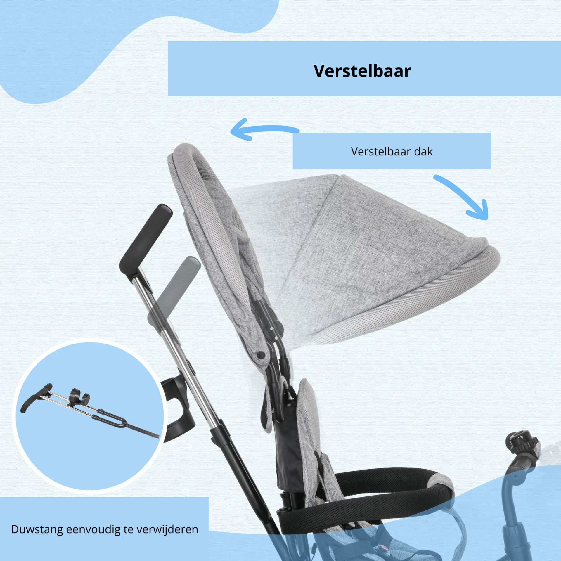 Grijze 6-in-1 driewieler met duwstang, zonnedak en opbergmand – 95x50x106 cm voor kinderen van 1–5 jaar
