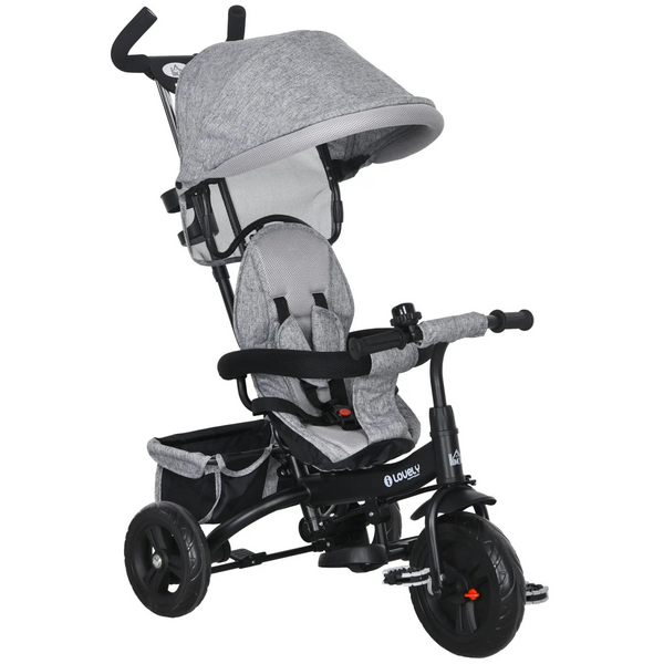 Grijze 6-in-1 driewieler met duwstang, zonnedak en opbergmand – 95x50x106 cm voor kinderen van 1–5 jaar