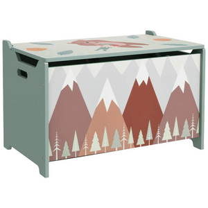 Groene kinderbank met opbergruimte – 60x30x50 cm voor kinderen van 3–8 jaar met berg- en bosprint en speelgoedopslag