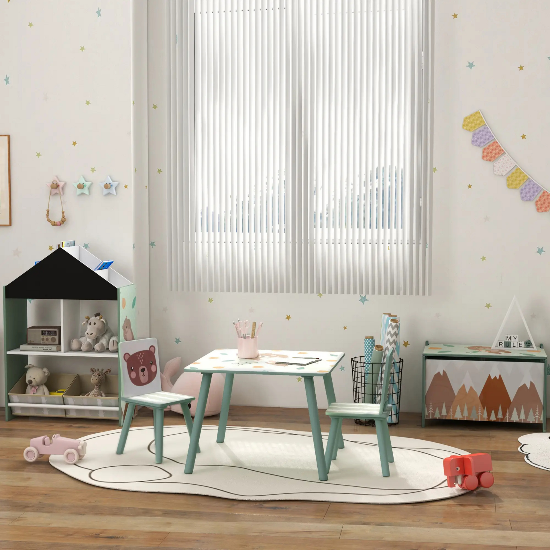Groene kinderbank met opbergruimte – 60x30x50 cm voor kinderen van 3–8 jaar