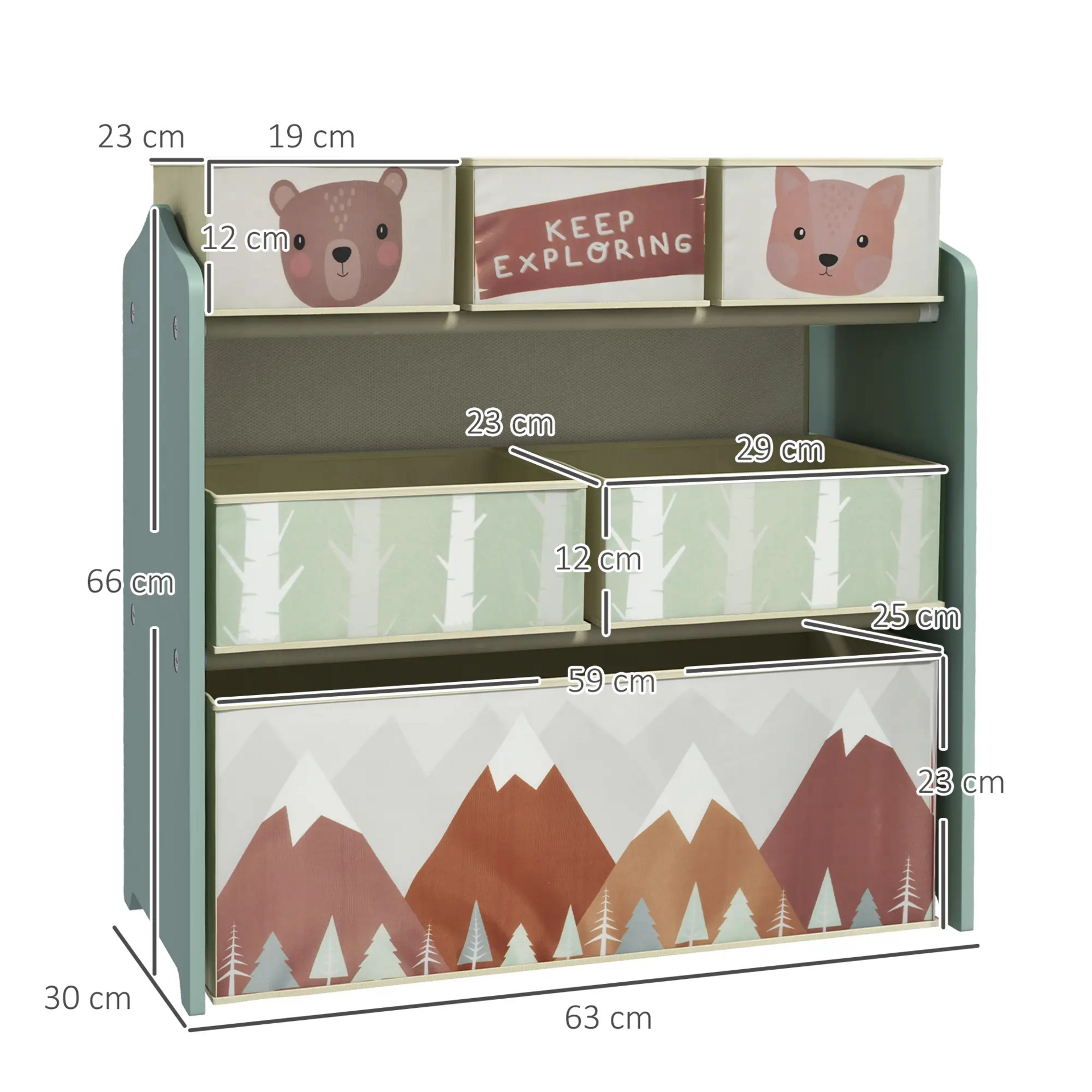 Groene speelgoed opbergkast met 6 stoffen bakken – 63x30x66 cm voor kinderen van 3–8 jaar