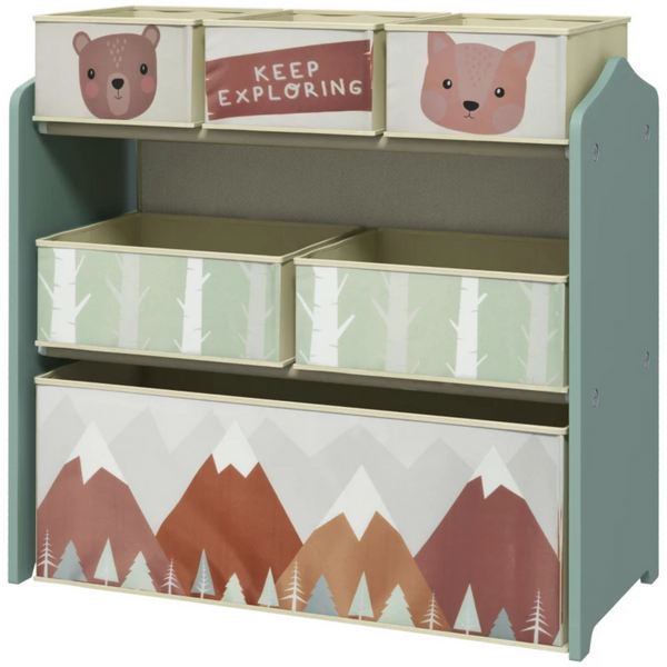 Groene speelgoed opbergkast met 6 stoffen bakken – 63x30x66 cm voor kinderen van 3–8 jaar