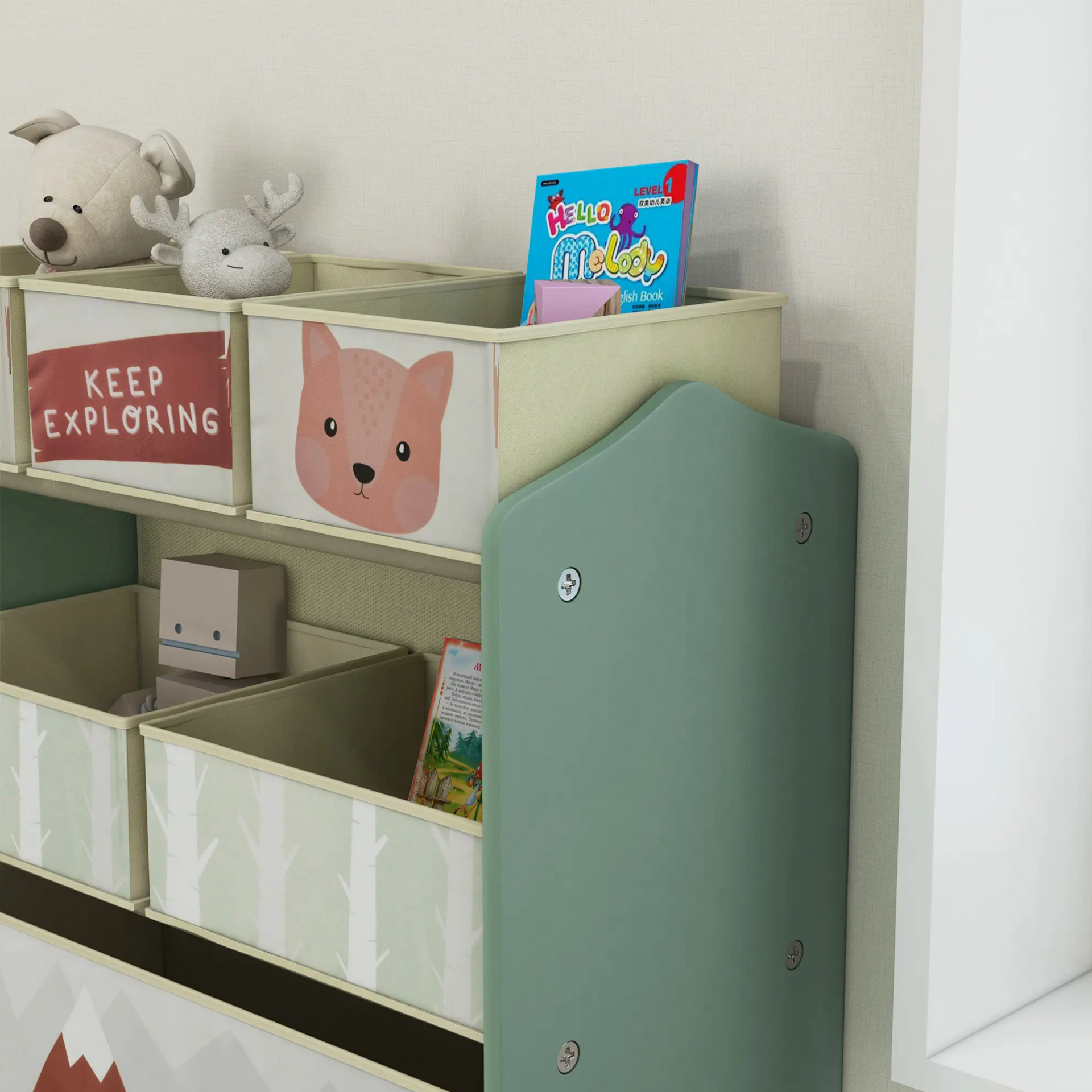 Groene speelgoed opbergkast met 6 stoffen bakken – 63x30x66 cm voor kinderen van 3–8 jaar