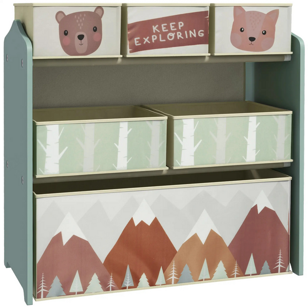 Groene speelgoed opbergkast met 6 stoffen bakken – 63x30x66 cm voor kinderen van 3–8 jaar