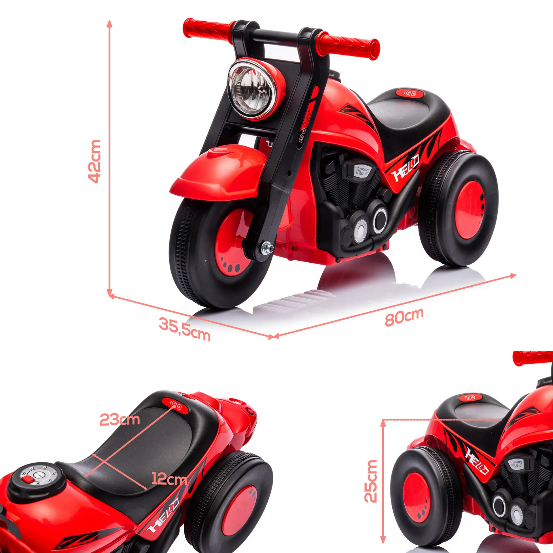 Rode loopauto motor met muziek – 80x35,5x42 cm voor kinderen van 2–5 jaar