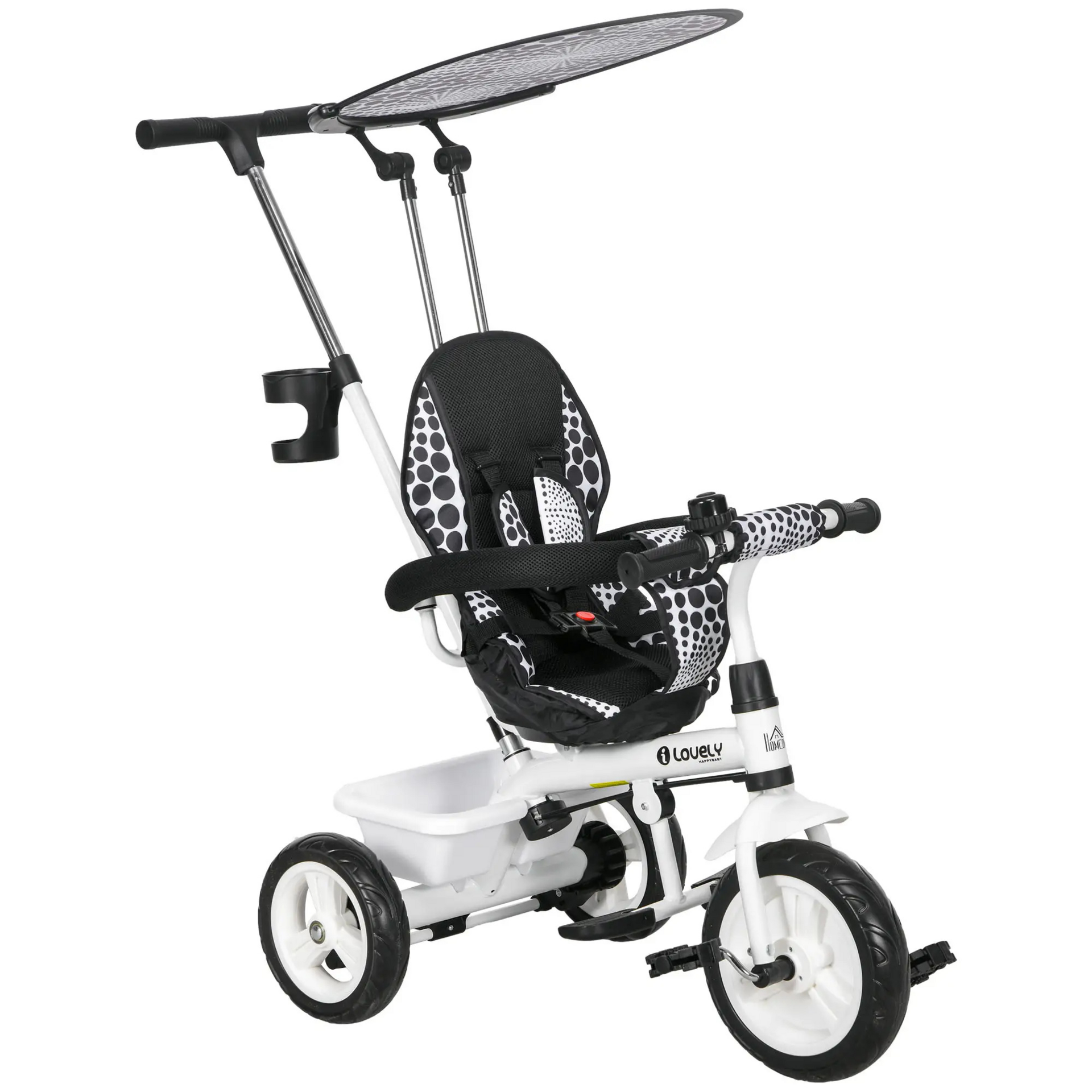 Witte 6-in-1 driewieler met duwstang, zonnedak en opbergmand – 105x47x98 cm