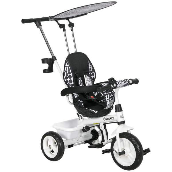 Witte 6-in-1 driewieler met duwstang, zonnedak en opbergmand – 105x47x98 cm