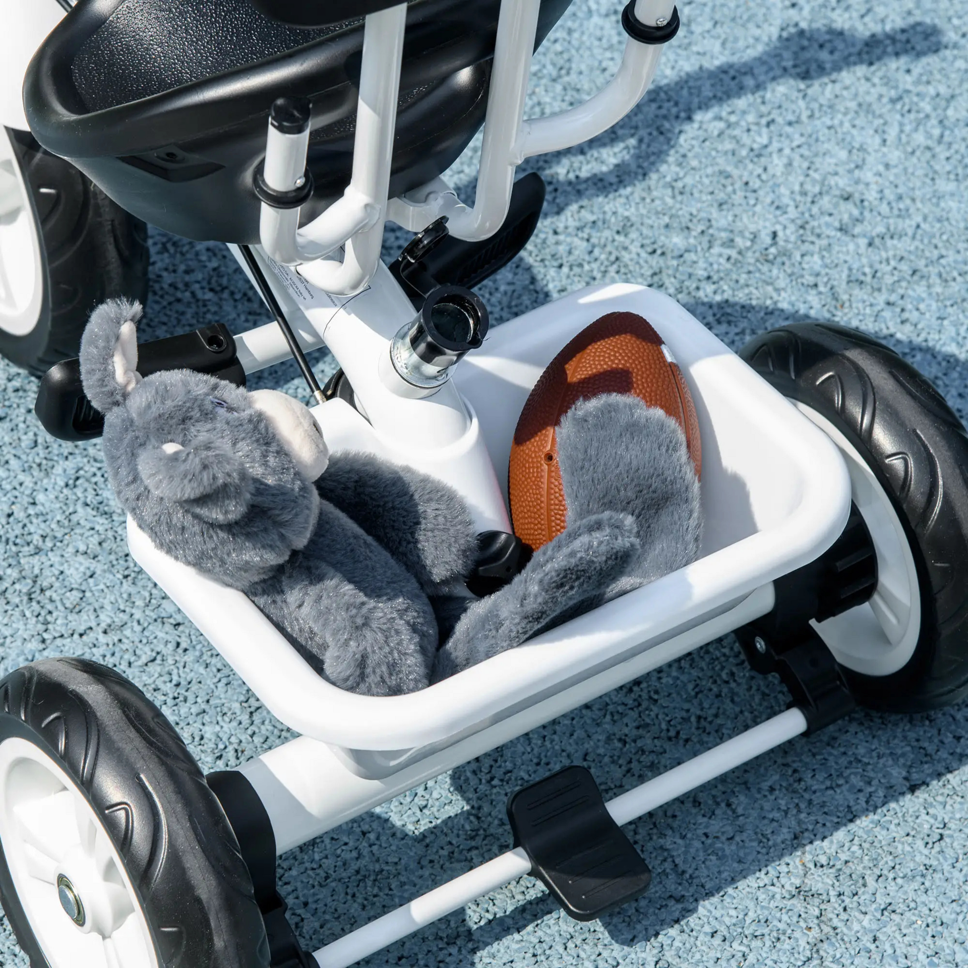 Witte 6-in-1 driewieler met duwstang, zonnedak en opbergmand – 105x47x98 cm