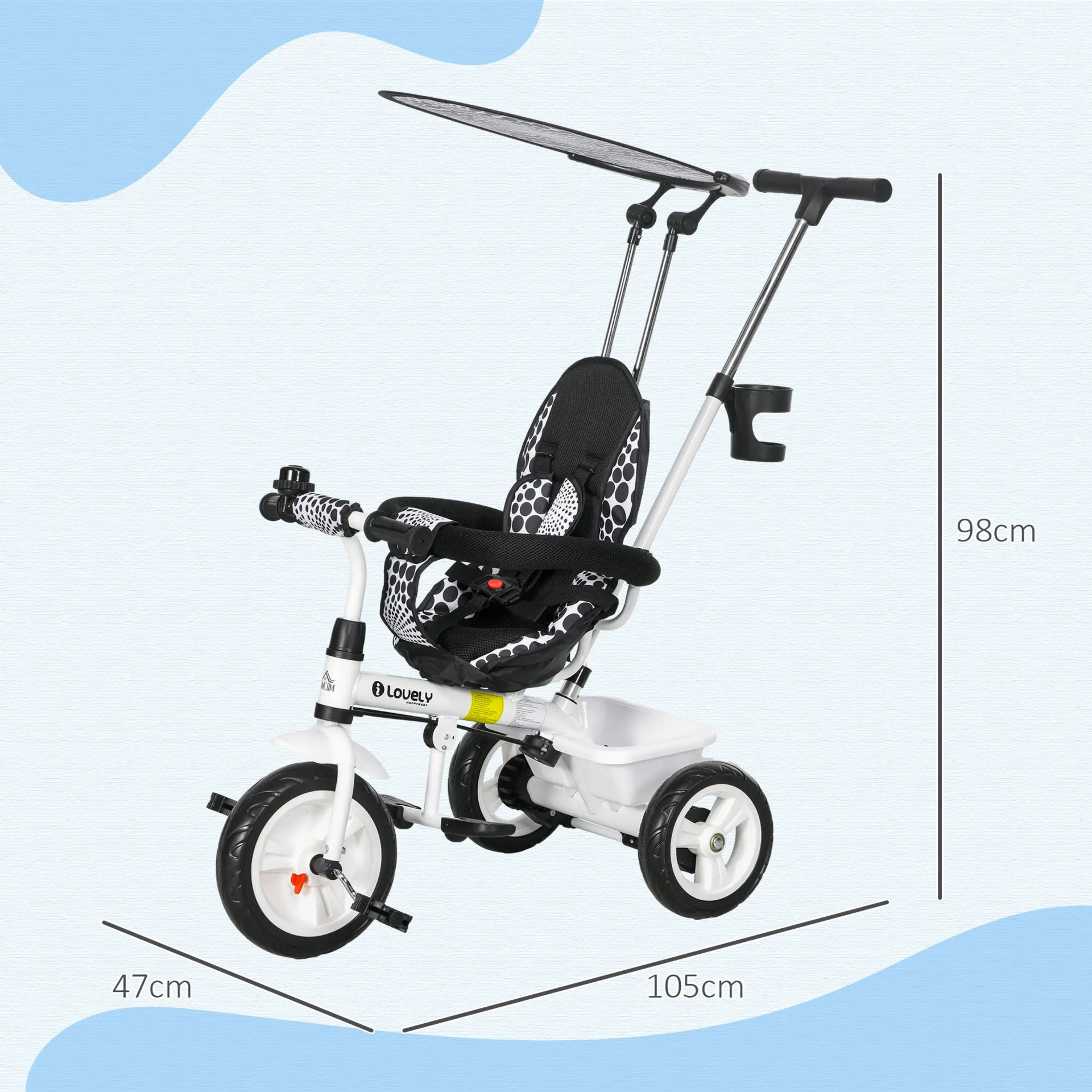 Witte 6-in-1 driewieler met duwstang, zonnedak en opbergmand – 105x47x98 cm