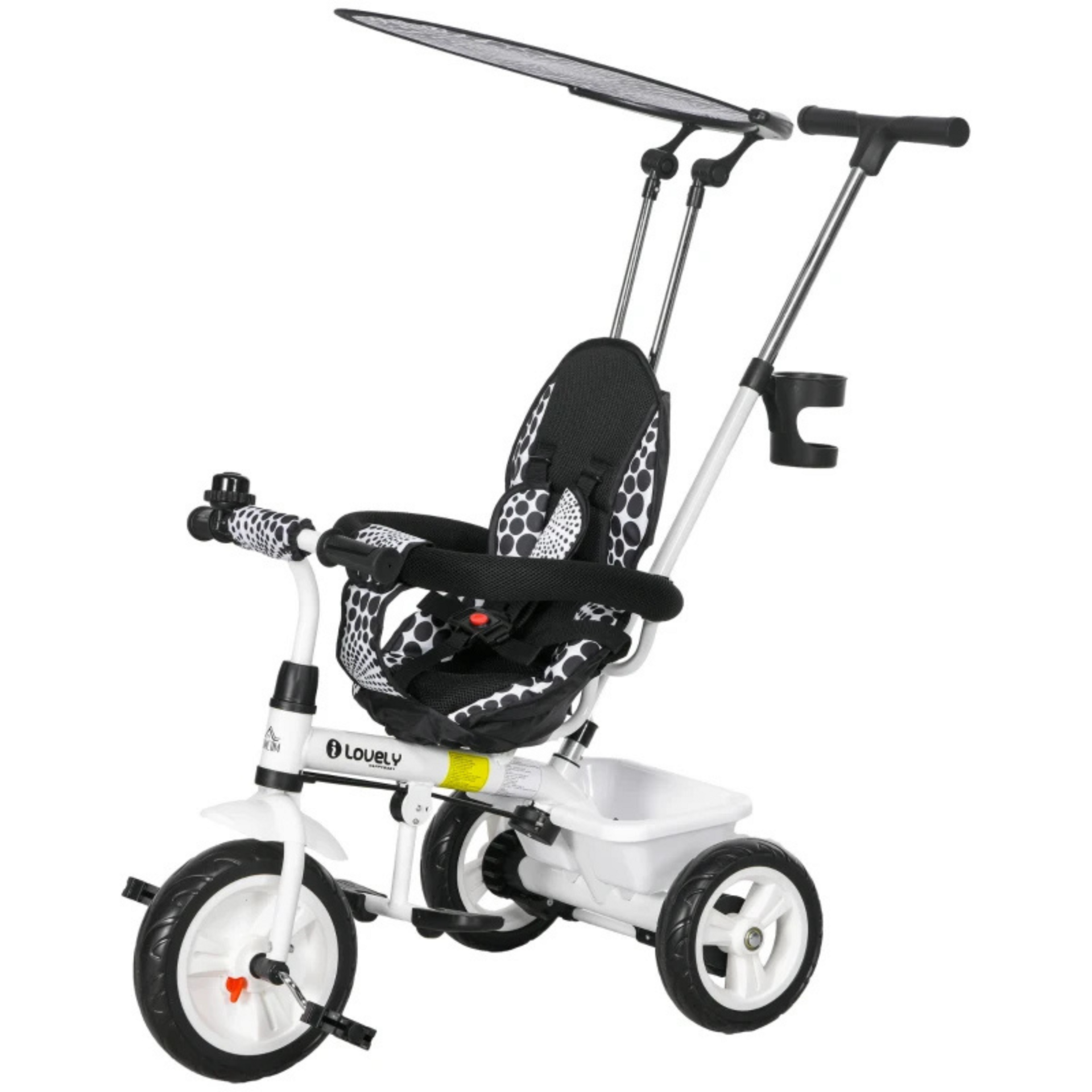 Witte 6-in-1 driewieler met duwstang, zonnedak en opbergmand – 105x47x98 cm