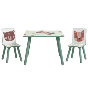 Groene kindertafel met 2 stoelen – 60x60x44 cm voor kinderen van 3–8 jaar met dierenprint voor knutselen en spelen