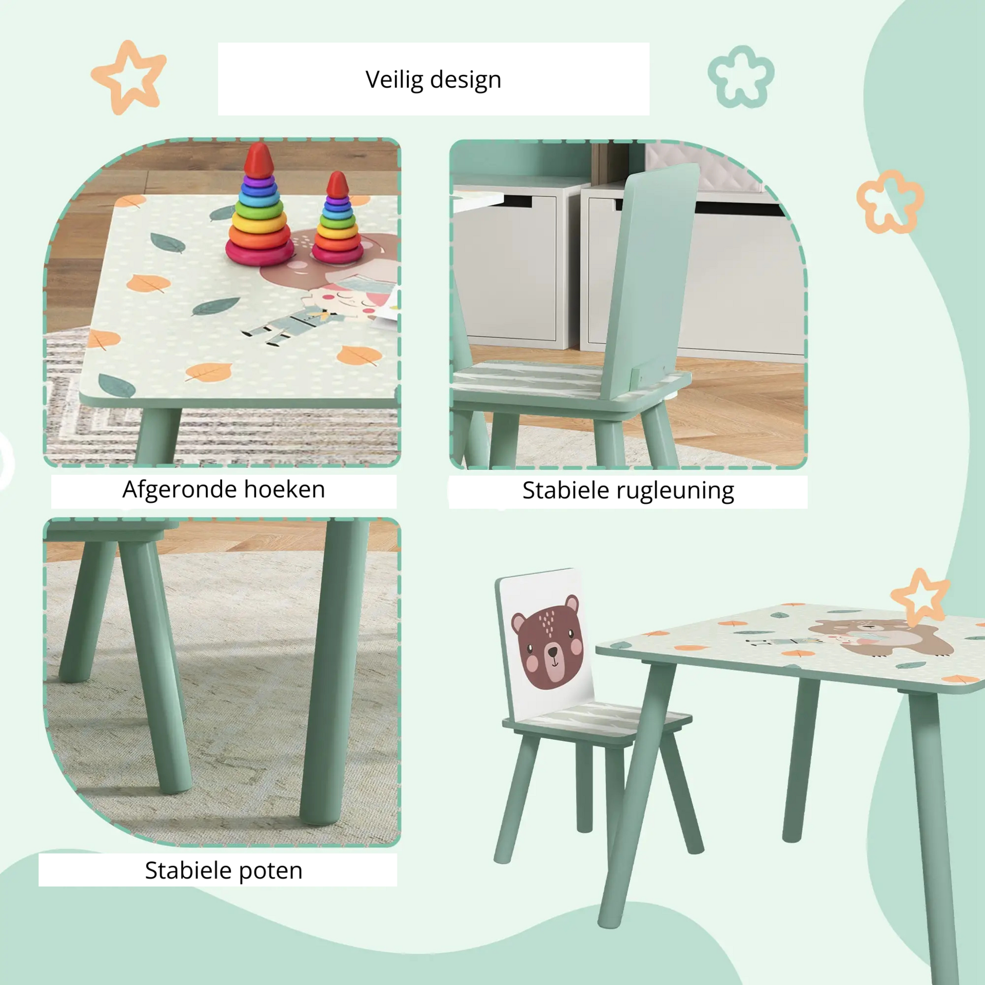 Groene kindertafel met 2 stoelen – 60x60x44 cm voor kinderen van 3–8 jaar