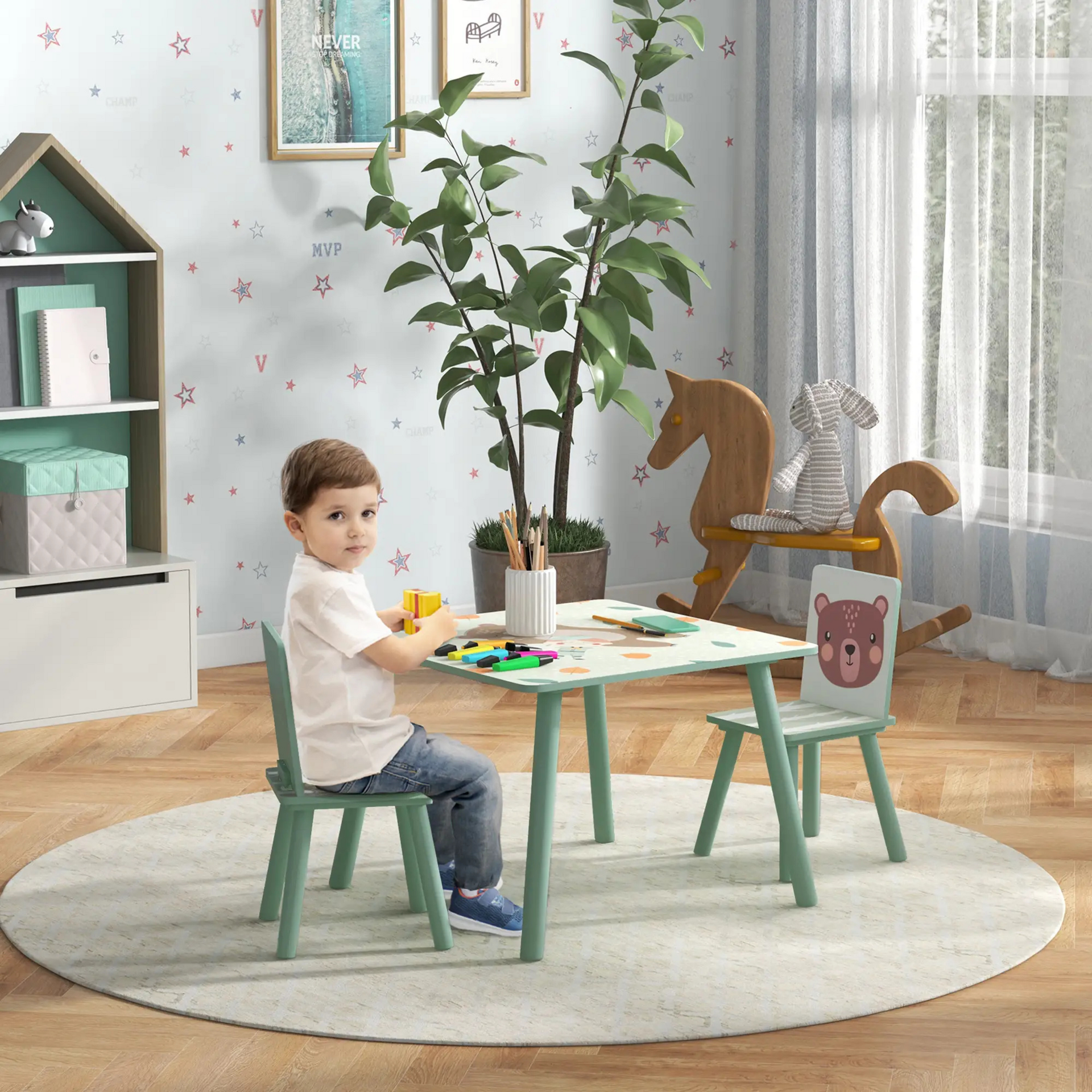 Groene kindertafel met 2 stoelen – 60x60x44 cm voor kinderen van 3–8 jaar