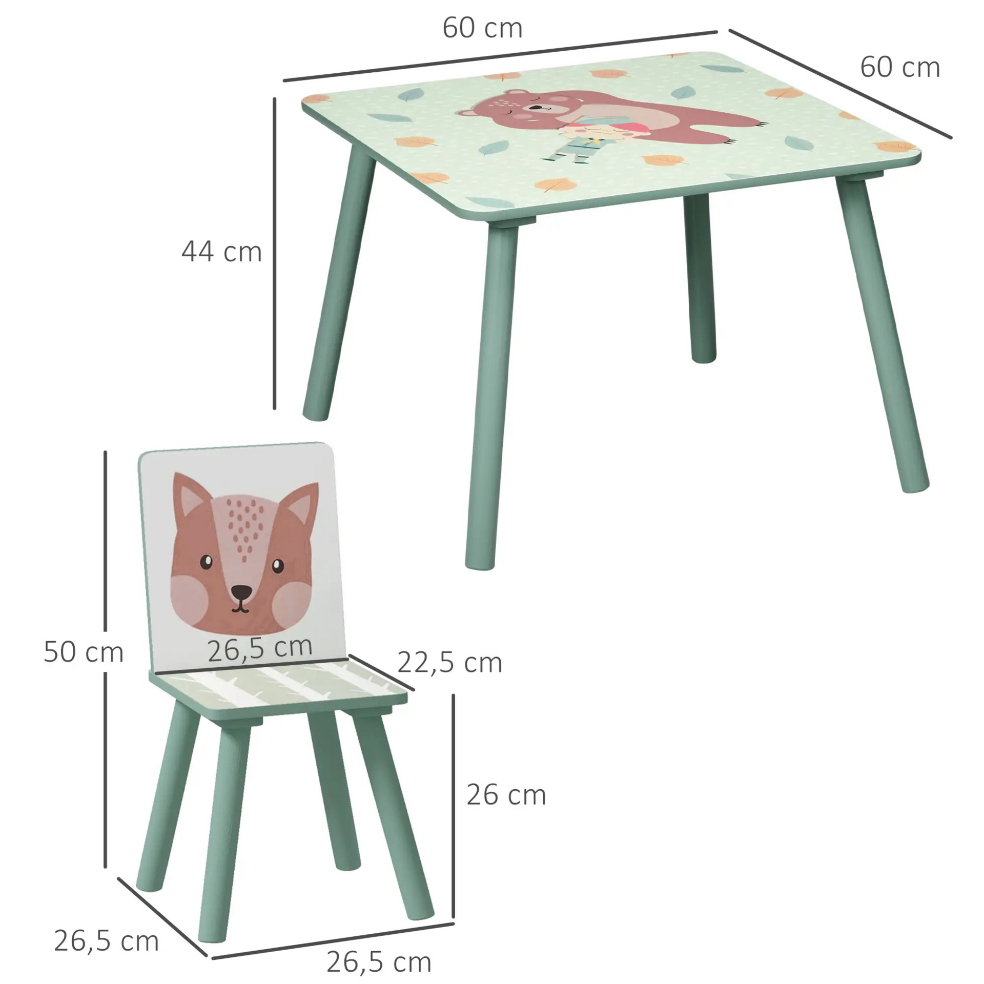 Groene kindertafel met 2 stoelen – 60x60x44 cm voor kinderen van 3–8 jaar