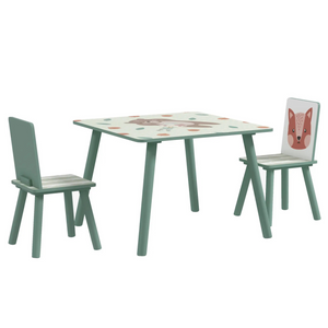 Groene kindertafel met 2 stoelen – 60x60x44 cm voor kinderen van 3–8 jaar met speels dierenpatroon op tafel en stoelen