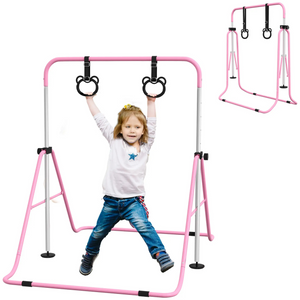 Kinderturnbar met ringen – turnen en buitenspeelgoed voor kinderen roze met stevig frame en verstelbare hoogte