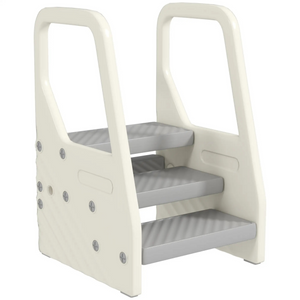 Verstelbare wit-grijze leertoren van 90 cm – houten keukenhulp voor peuters met antislip en stevig design