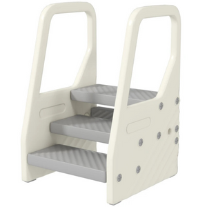 Verstelbare wit-grijze leertoren van 90 cm – houten keukenhulp voor peuters met antislip treden en stevig frame