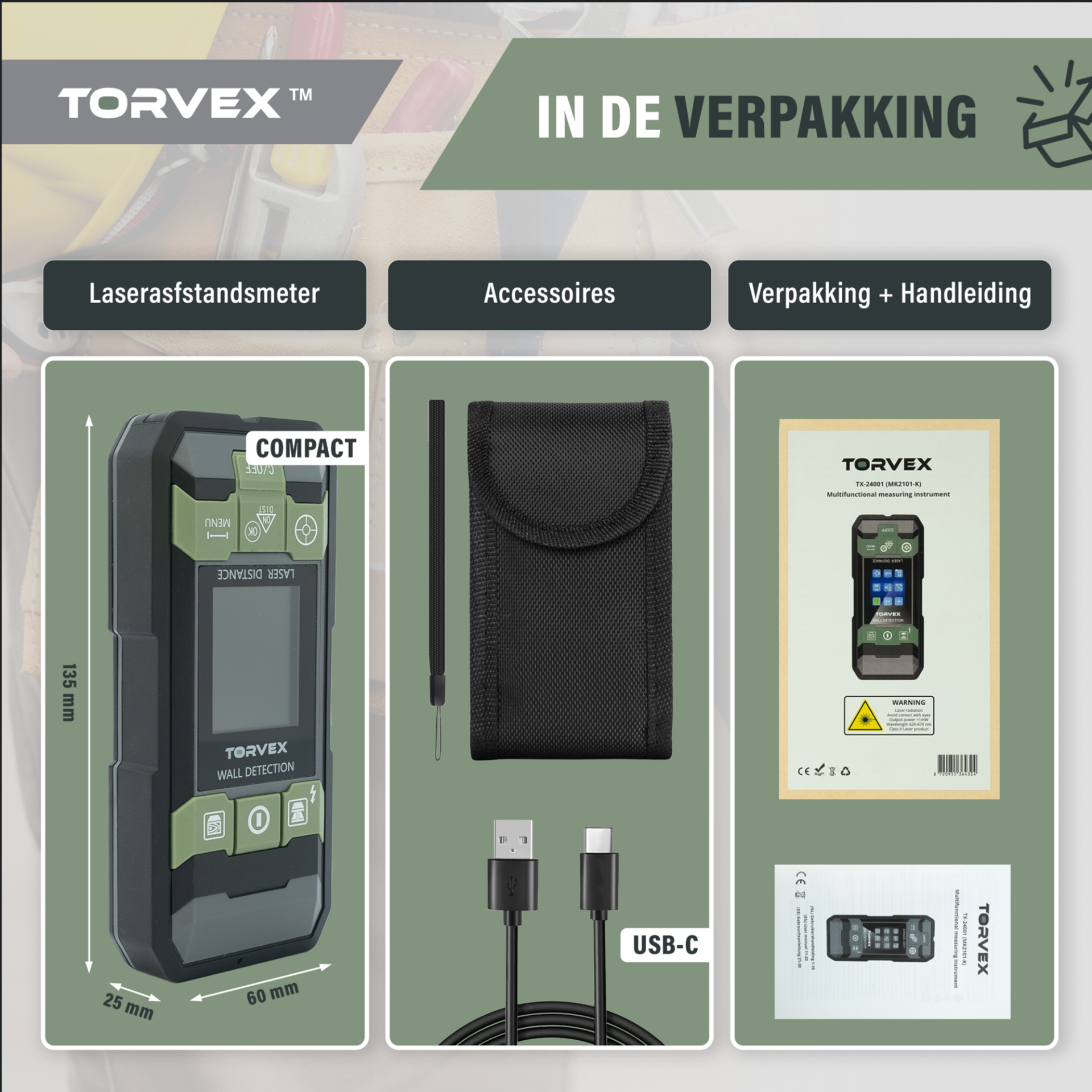 Torvex oplaadbare lasermeter 40m met geintegreerde leidingzoeker