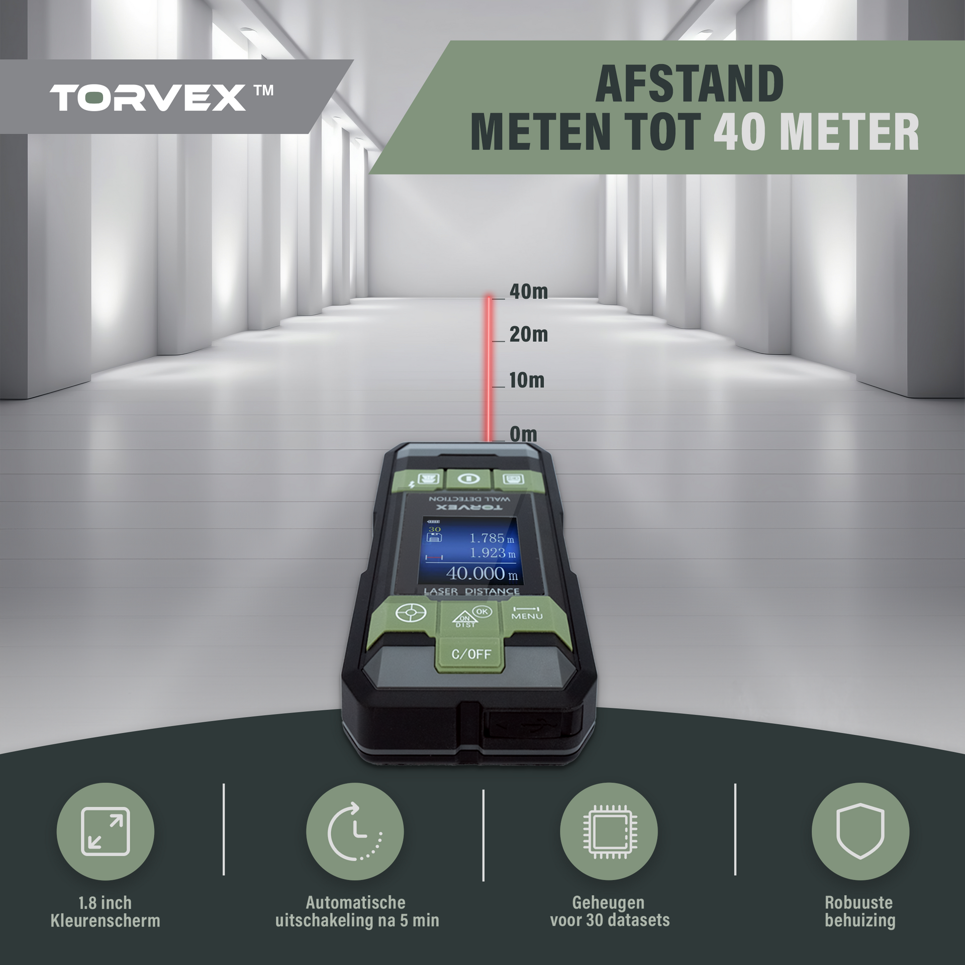 Torvex oplaadbare lasermeter 40m met geintegreerde leidingzoeker