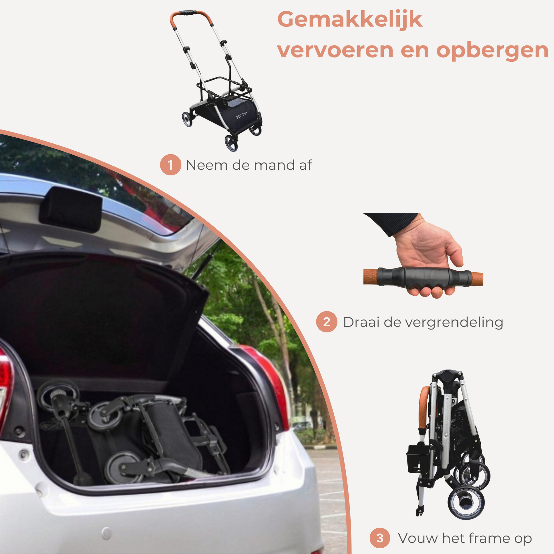Grijze hondenbuggy met afneembare korf en rem – opvouwbaar ontwerp | Zenzee