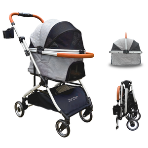 Grijze hondenbuggy met afneembare korf en rem – opvouwbaar ontwerp | Zenzee, ideaal voor comfortabel vervoer van kleine honden.