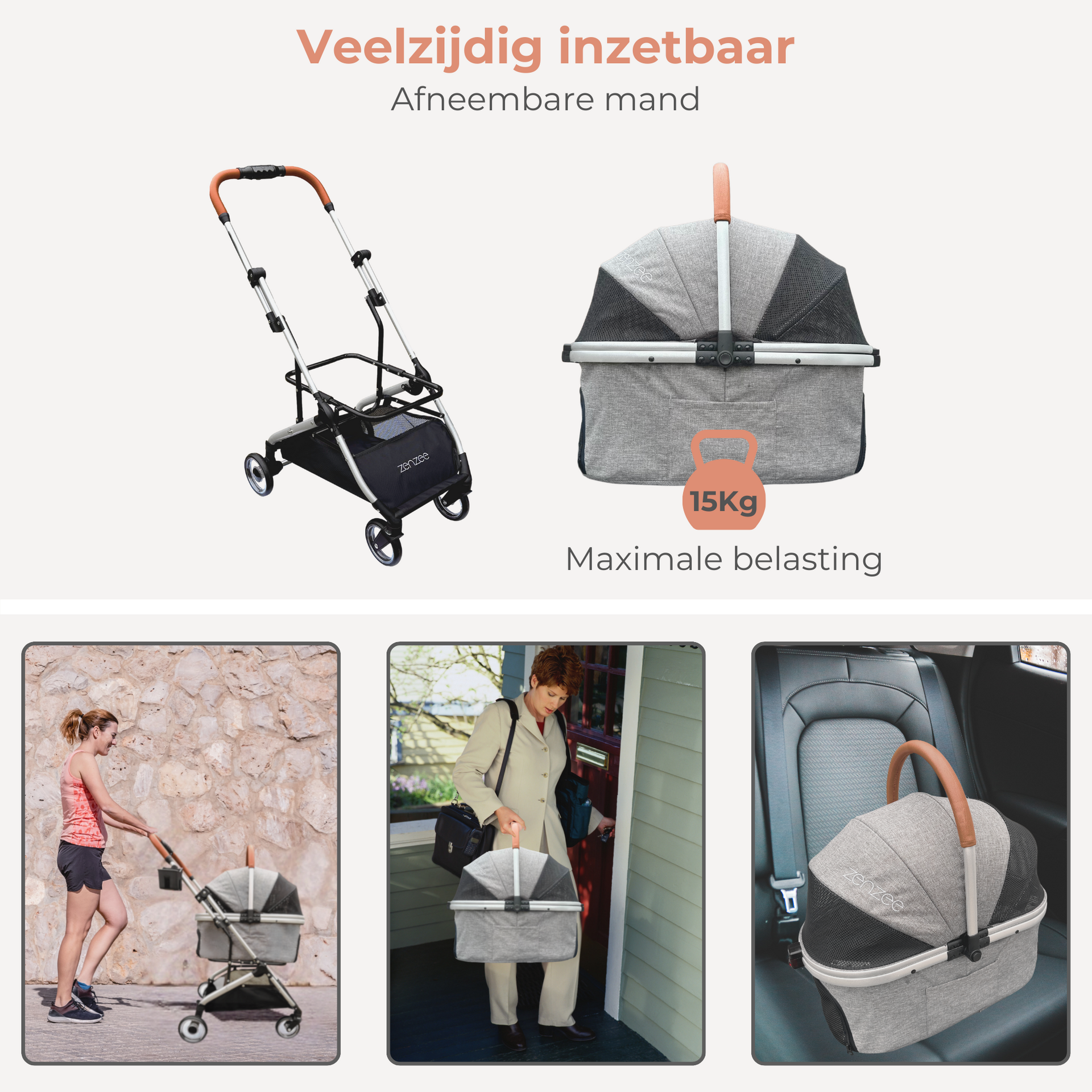 Grijze hondenbuggy met afneembare korf en rem – opvouwbaar ontwerp | Zenzee